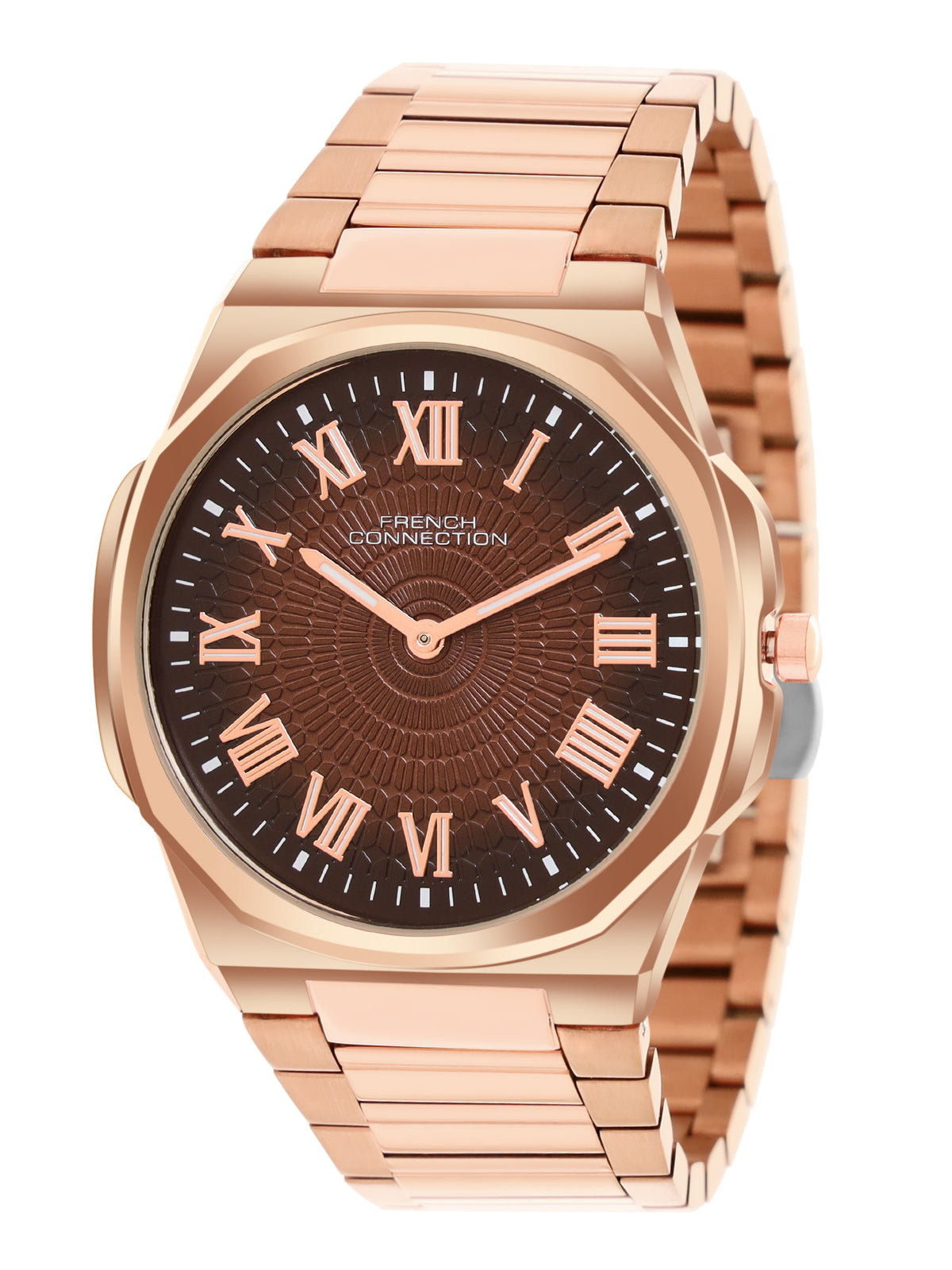 French Connection Textured Brown Round Dial With Rose Stainless Steel Strap Watch - For Mens FCN0125RGM