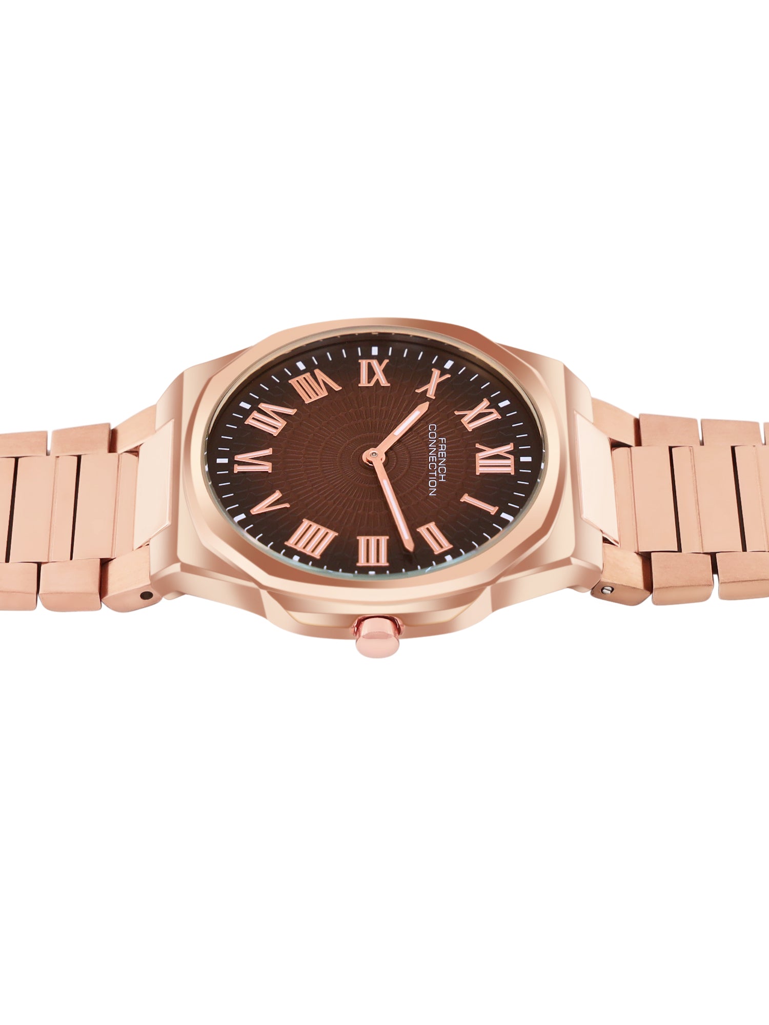 French Connection Textured Brown Round Dial With Rose Stainless Steel Strap Watch - For Mens FCN0125RGM