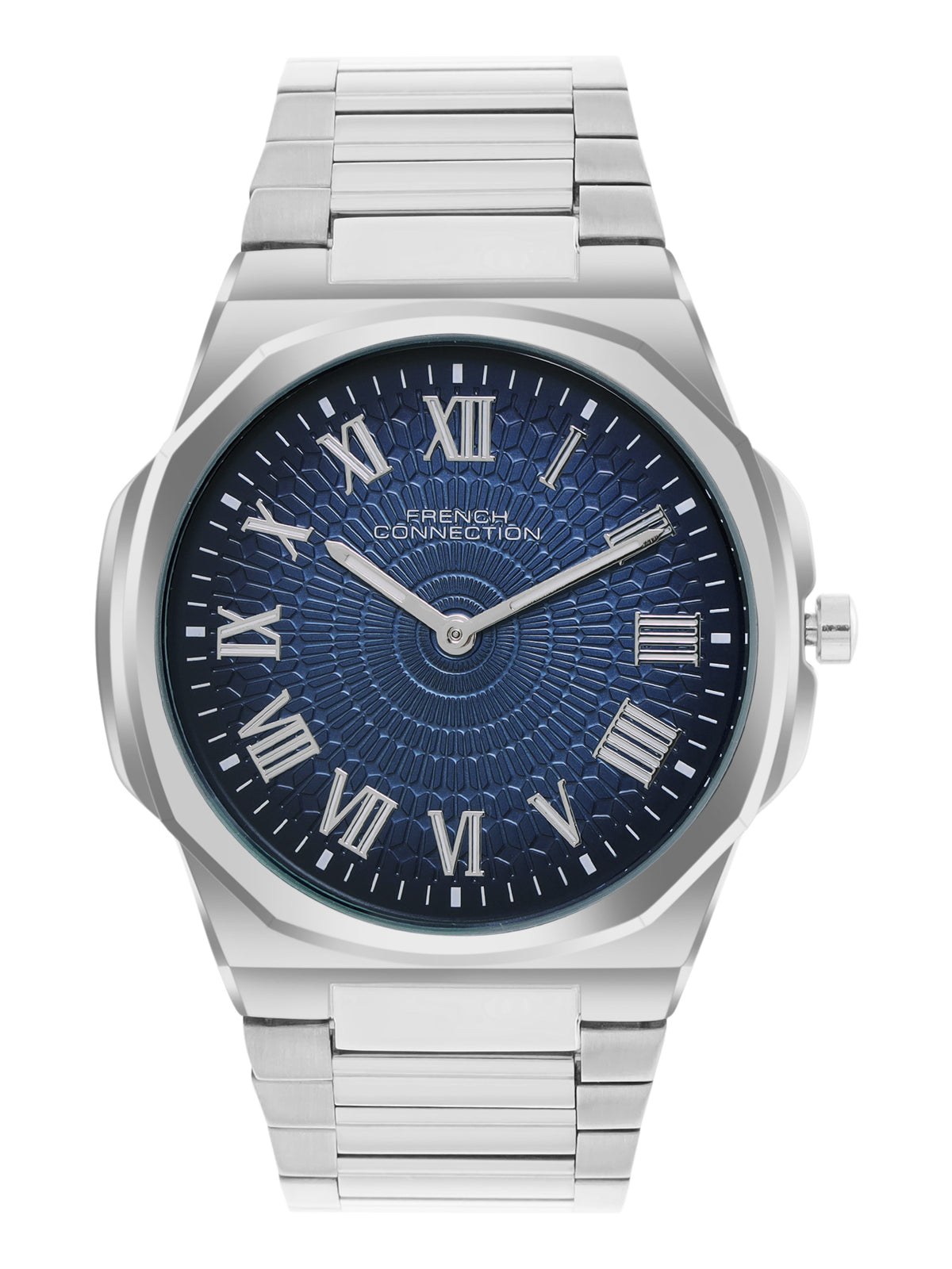 French Connection Textured Blue Round Dial With Stainless Steel Strap Watch - For Mens FCN0125USM