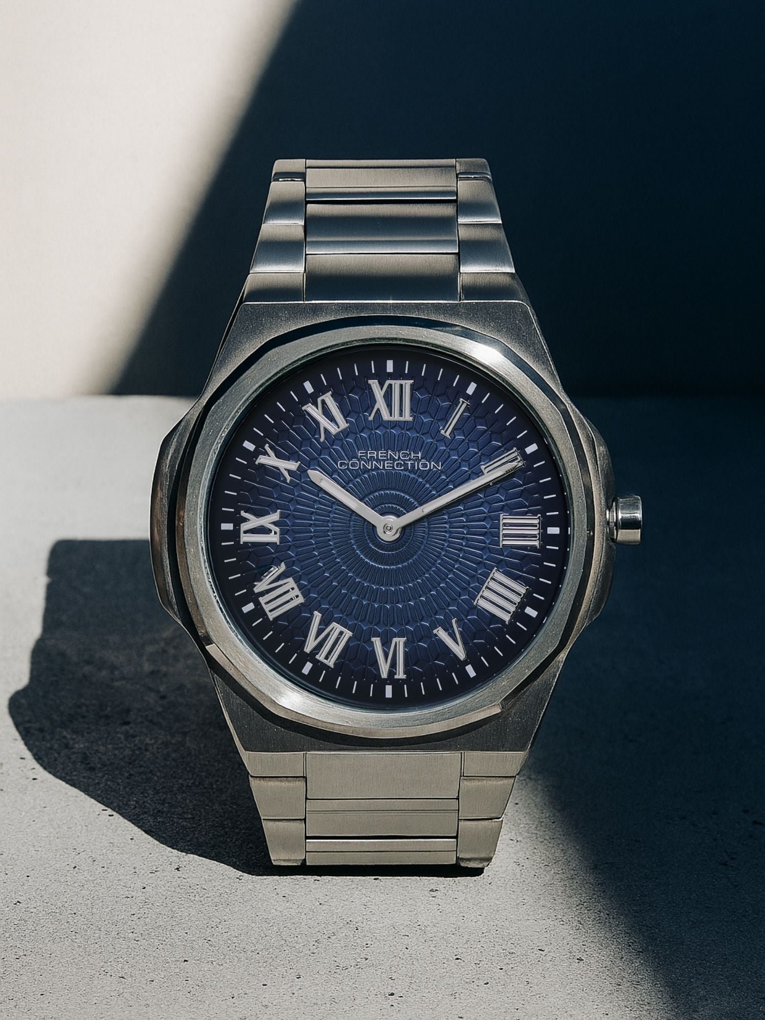 French Connection Textured Blue Round Dial With Stainless Steel Strap Watch - For Mens FCN0125USM