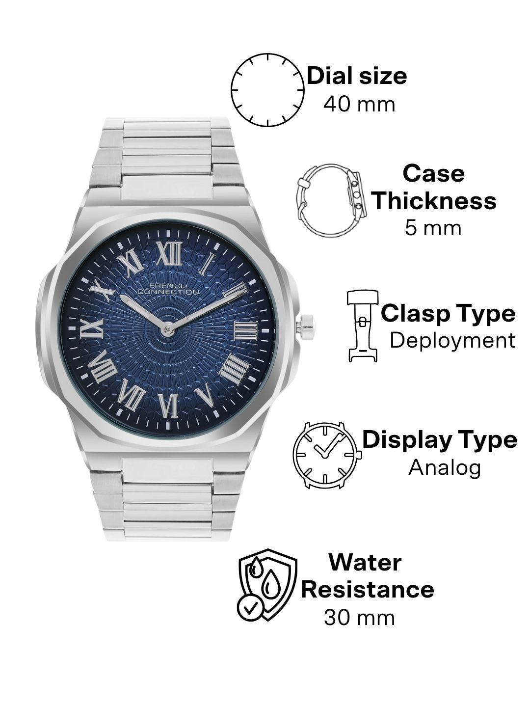 French Connection Textured Blue Round Dial With Stainless Steel Strap Watch - For Mens FCN0125USM
