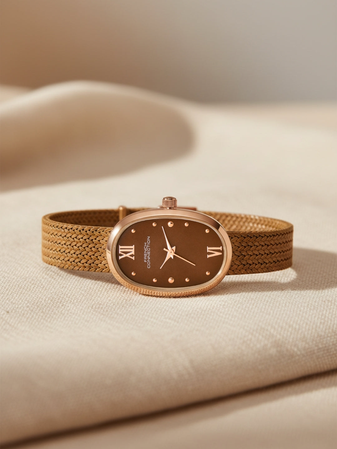 French Connection Mop Brown Rectangle Dial With Brown Stainless Steel Strap Watch - For Womens FCN0126BRGM