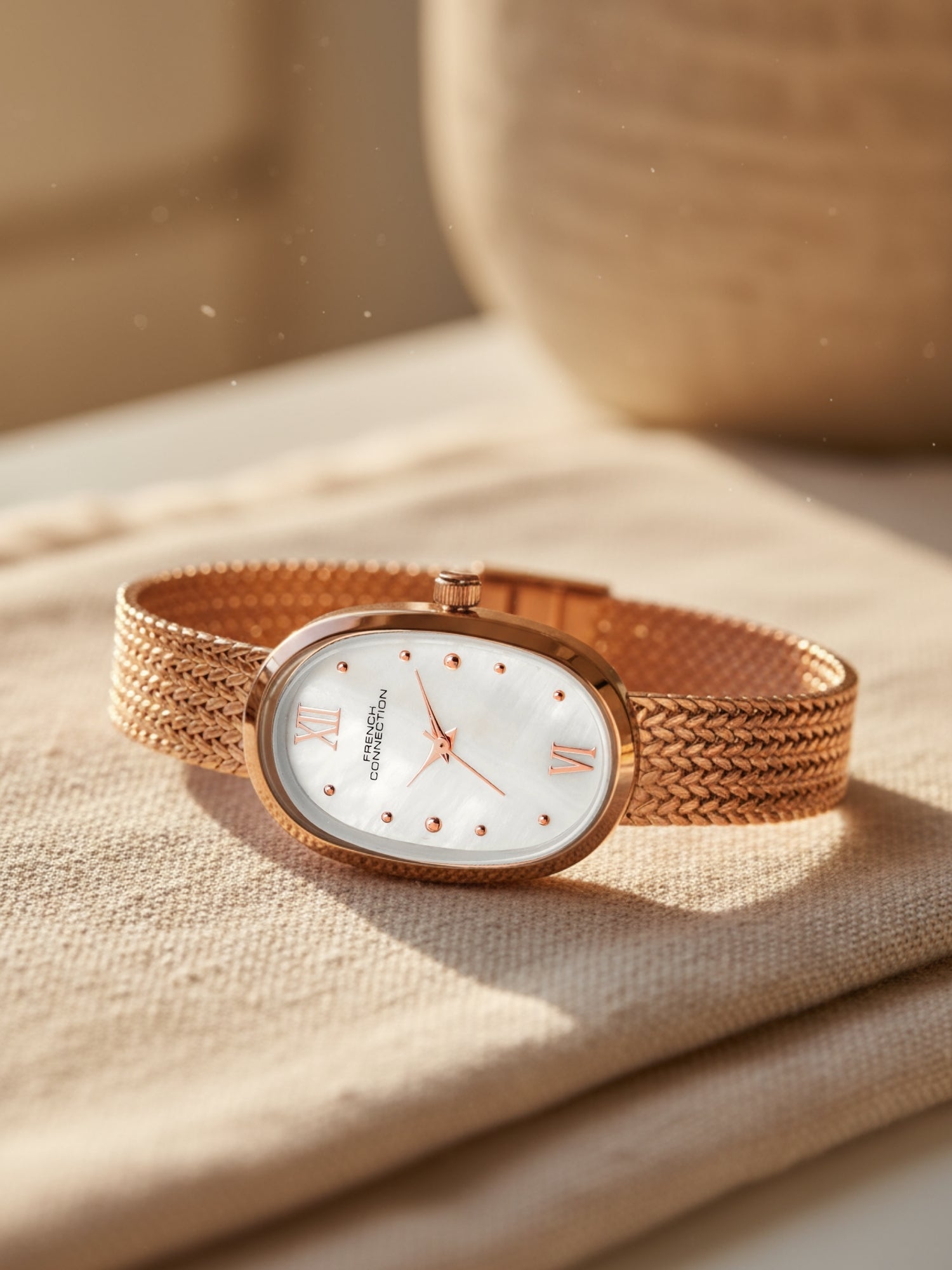 French Connection Mop Silver Round Dial With Rose Stainless Steel Strap Watch - For Womens FCN0126SRGM