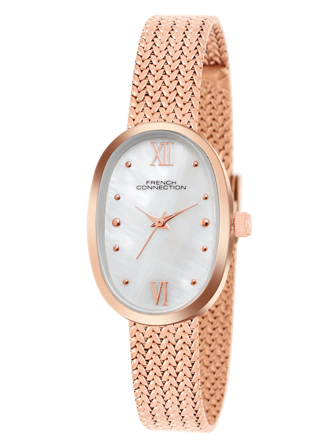 French Connection Mop Silver Round Dial With Rose Stainless Steel Strap Watch - For Womens FCN0126SRGM