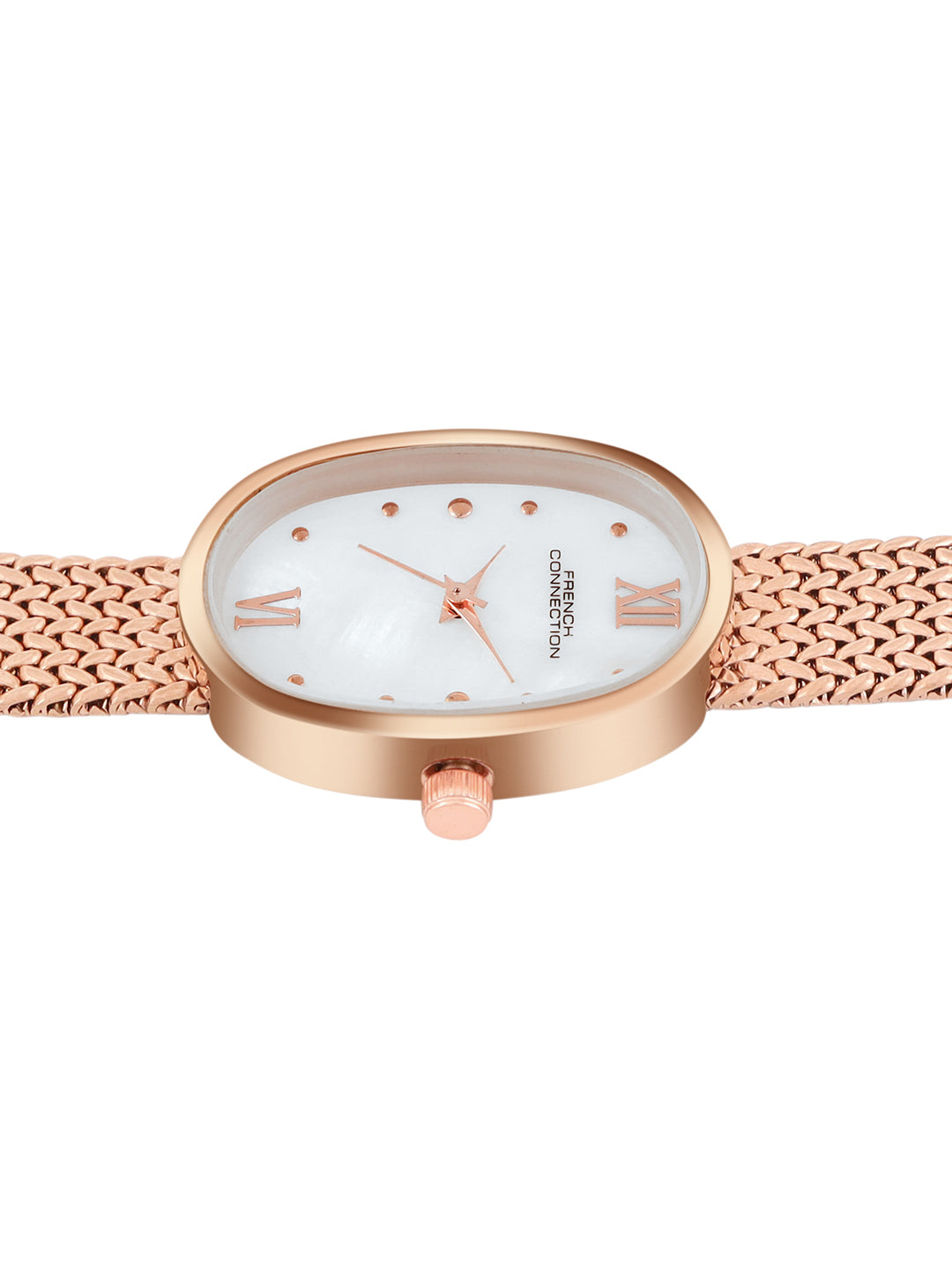 French Connection Mop Silver Round Dial With Rose Stainless Steel Strap Watch - For Womens FCN0126SRGM