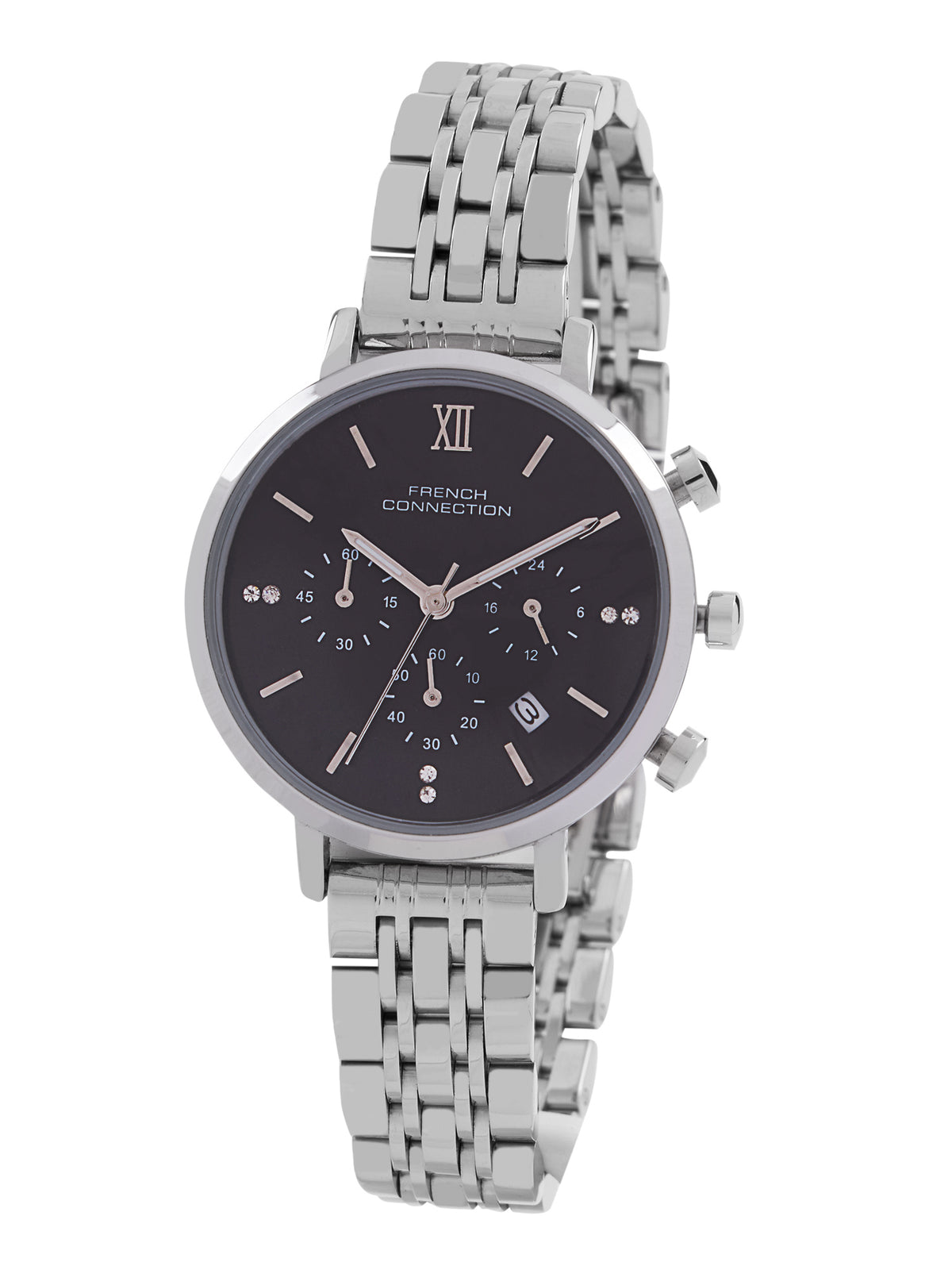 French Connection Sunray Black Round Dial With Stainless Steel Strap Chronograph Watch - For Womens FCN0127BSM