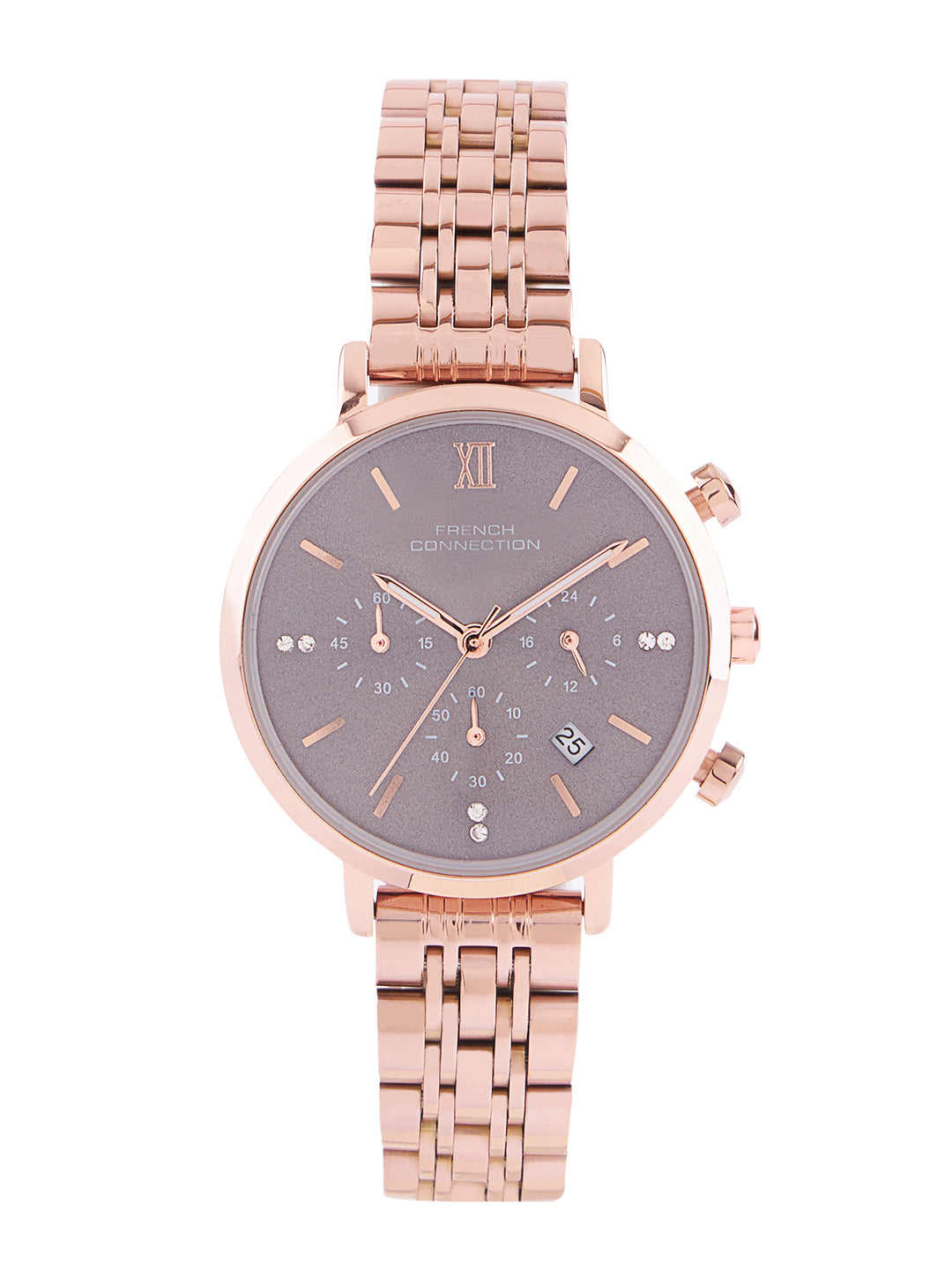 French Connection Sunray Grey Round Dial With Rose Stainless Steel Strap Chronograph Watch - For Womens FCN0127RGM