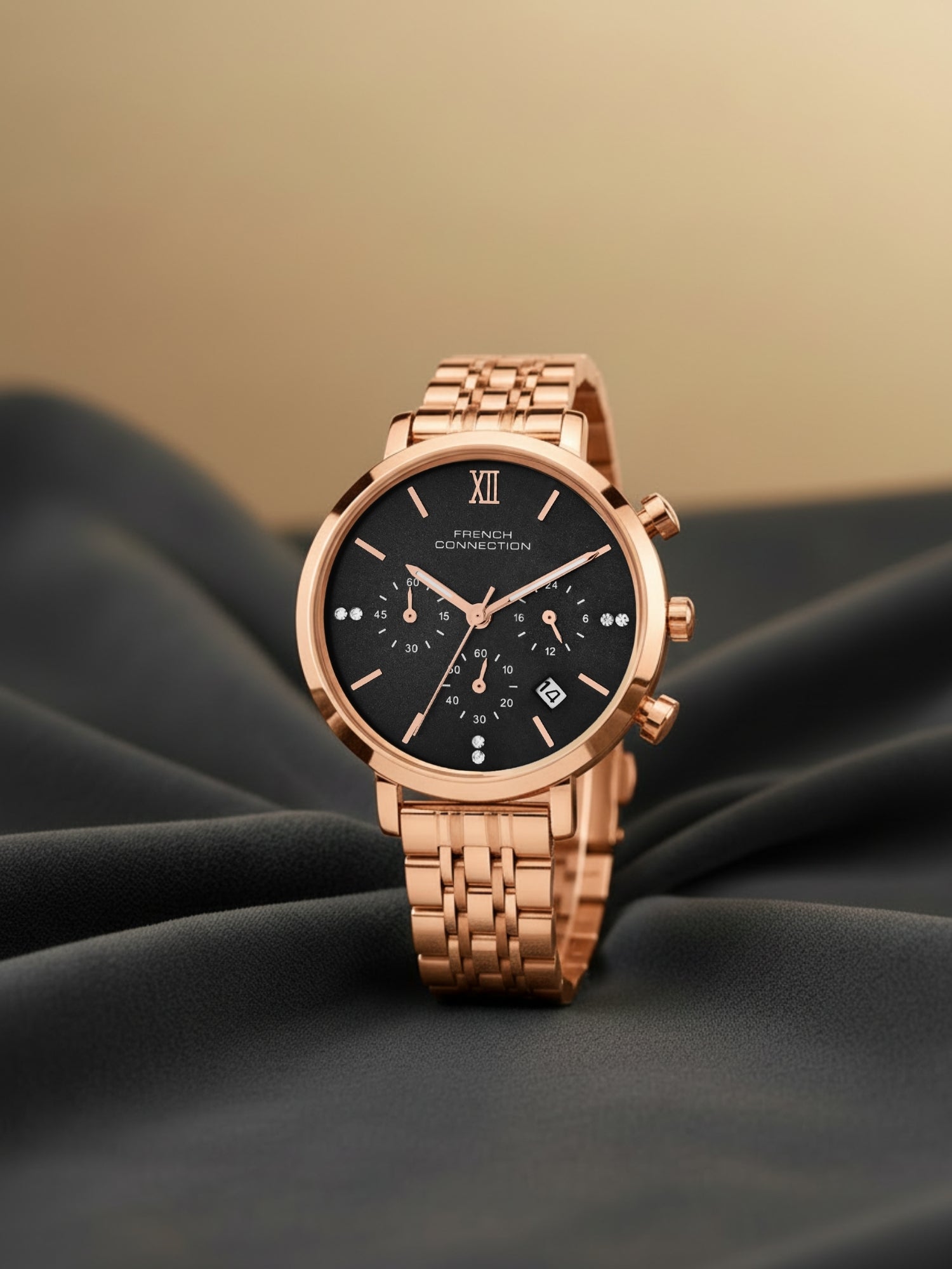 French Connection Sunray Grey Round Dial With Rose Stainless Steel Strap Chronograph Watch - For Womens FCN0127RGM