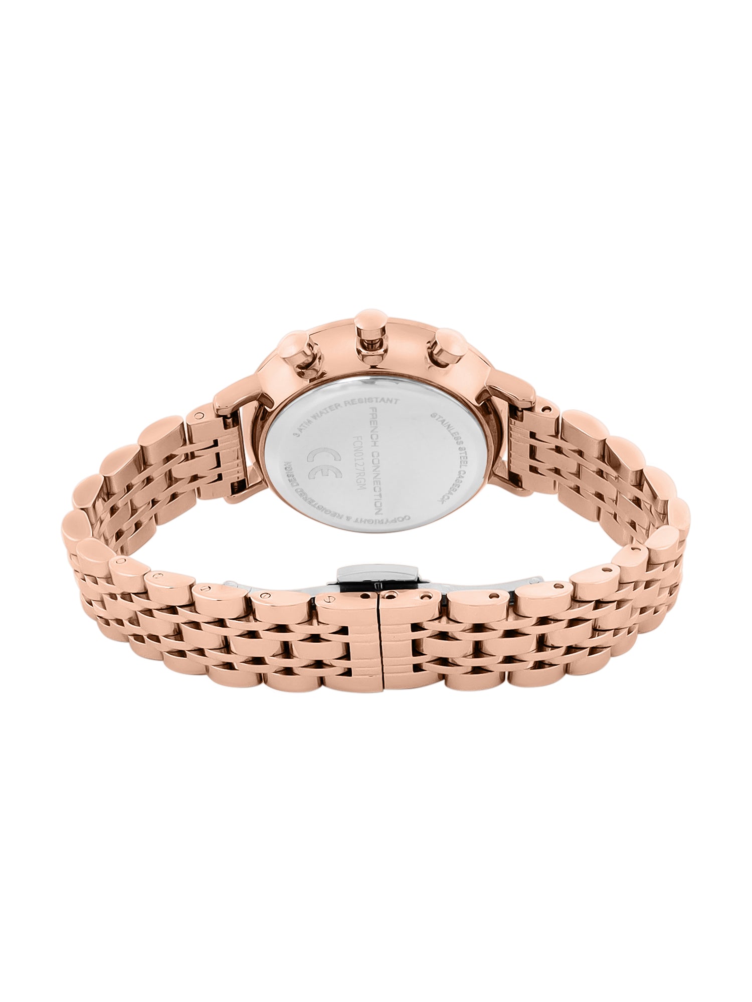 French Connection Sunray Grey Round Dial With Rose Stainless Steel Strap Chronograph Watch - For Womens FCN0127RGM
