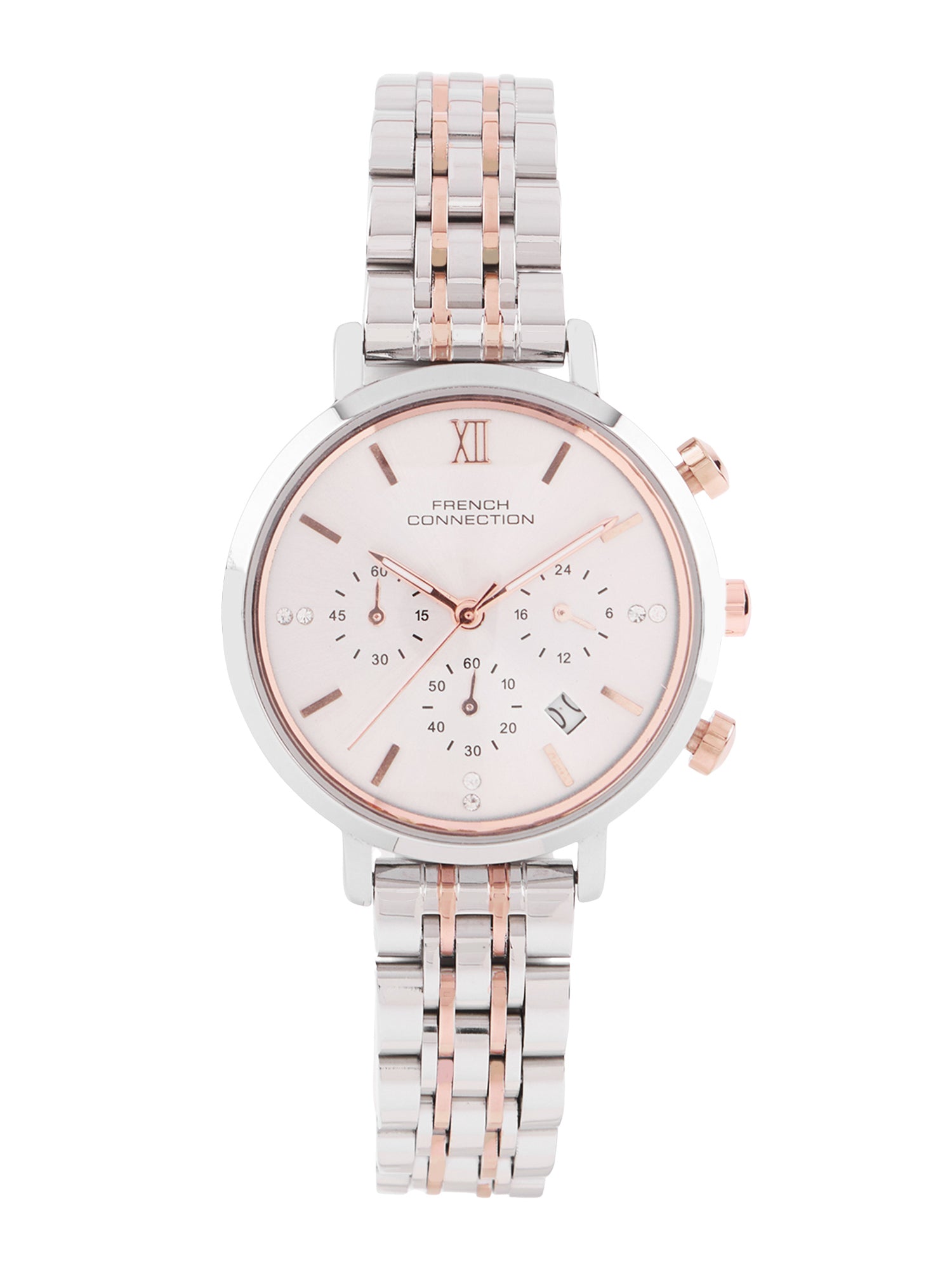 French Connection Sunray Silver Round Dial With Rose Two Tone Stainless Steel  Strap Chronograph Watch - For Womens FCN0127RTM
