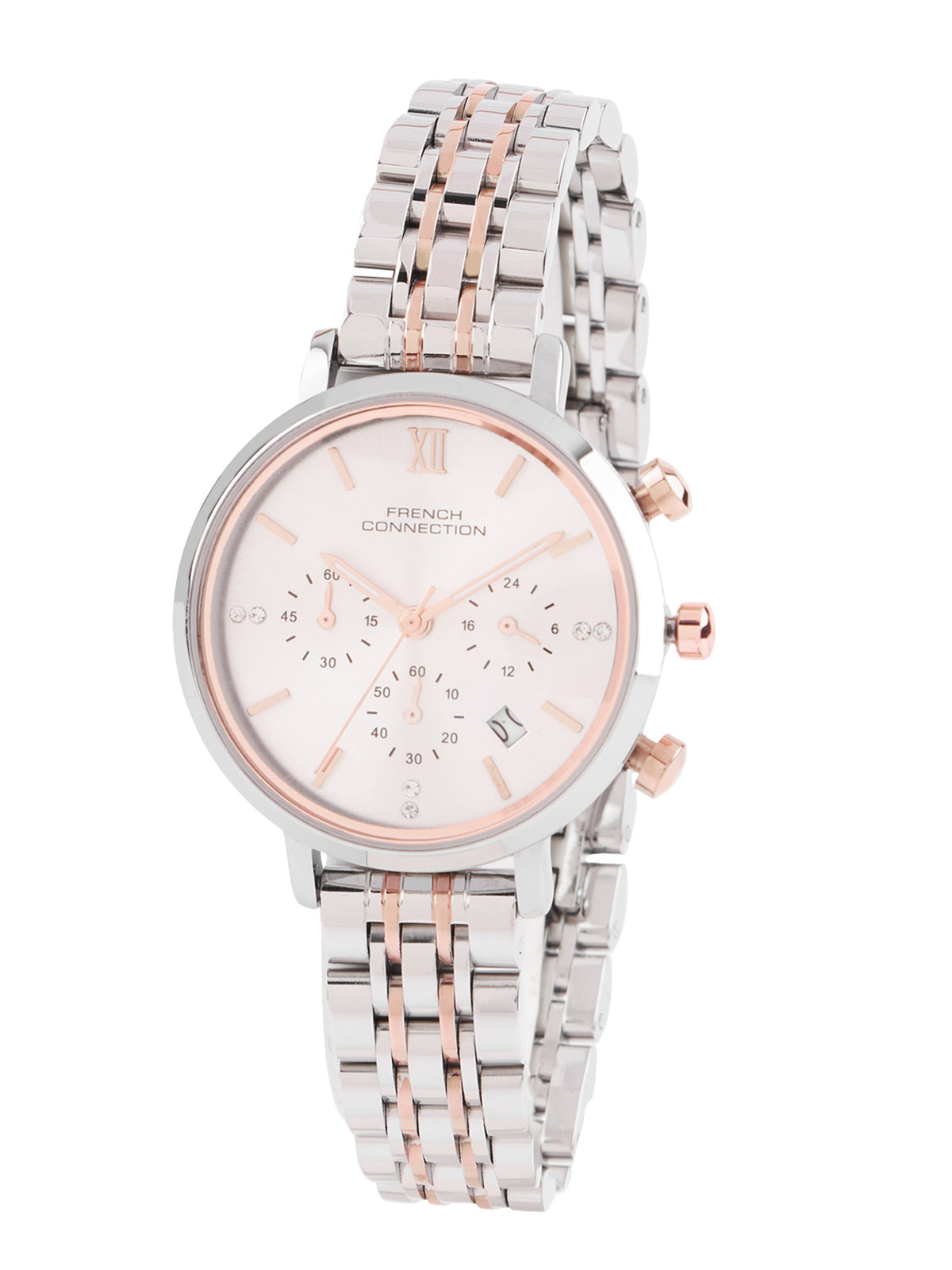 French Connection Sunray Silver Round Dial With Rose Two Tone Stainless Steel  Strap Chronograph Watch - For Womens FCN0127RTM
