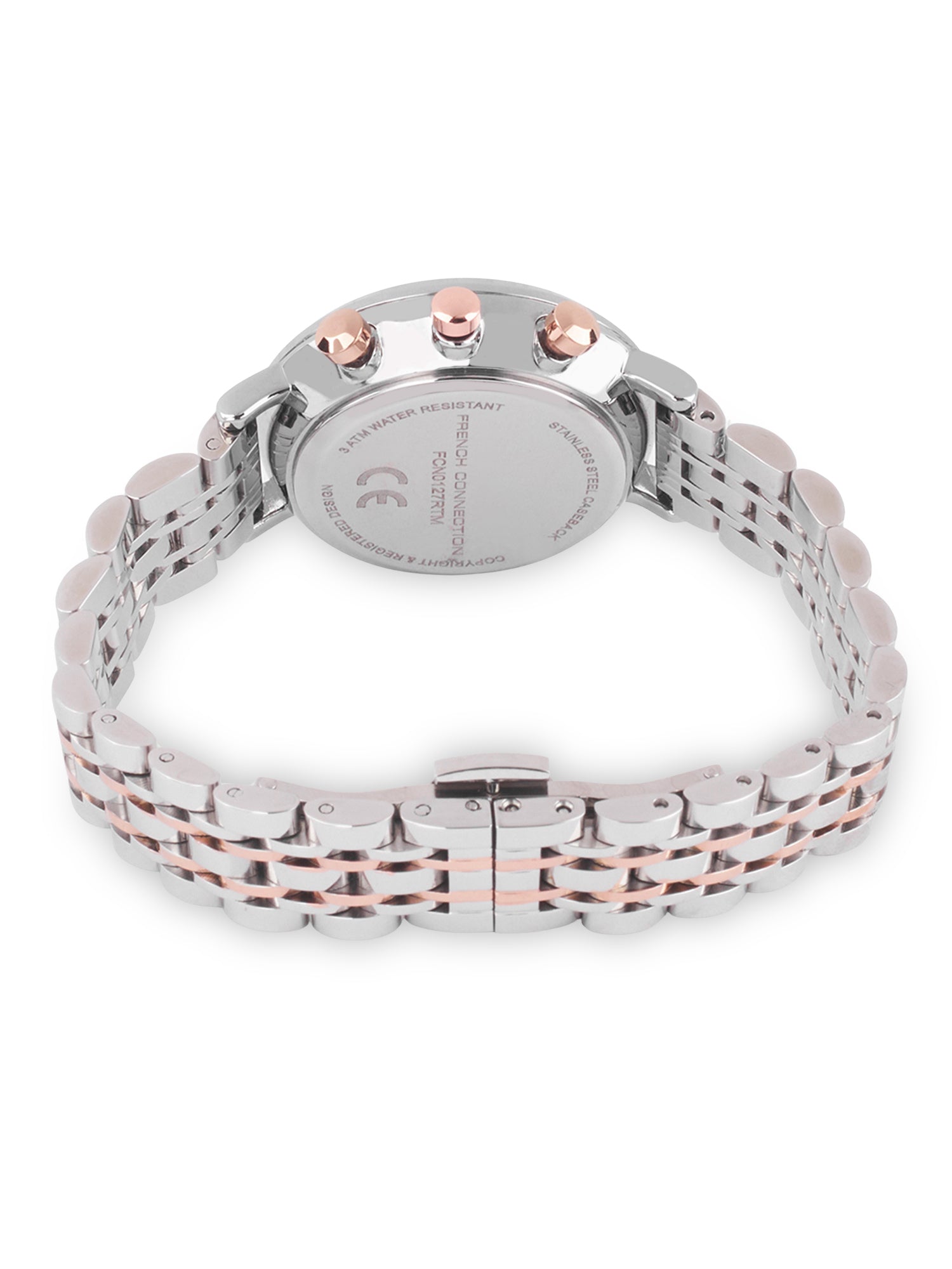 French Connection Sunray Silver Round Dial With Rose Two Tone Stainless Steel  Strap Chronograph Watch - For Womens FCN0127RTM