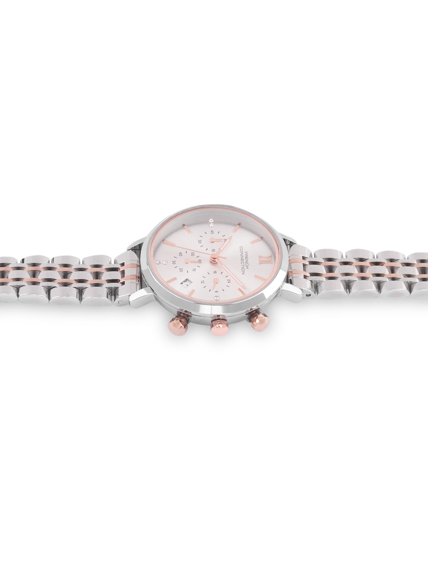 French Connection Sunray Silver Round Dial With Rose Two Tone Stainless Steel  Strap Chronograph Watch - For Womens FCN0127RTM