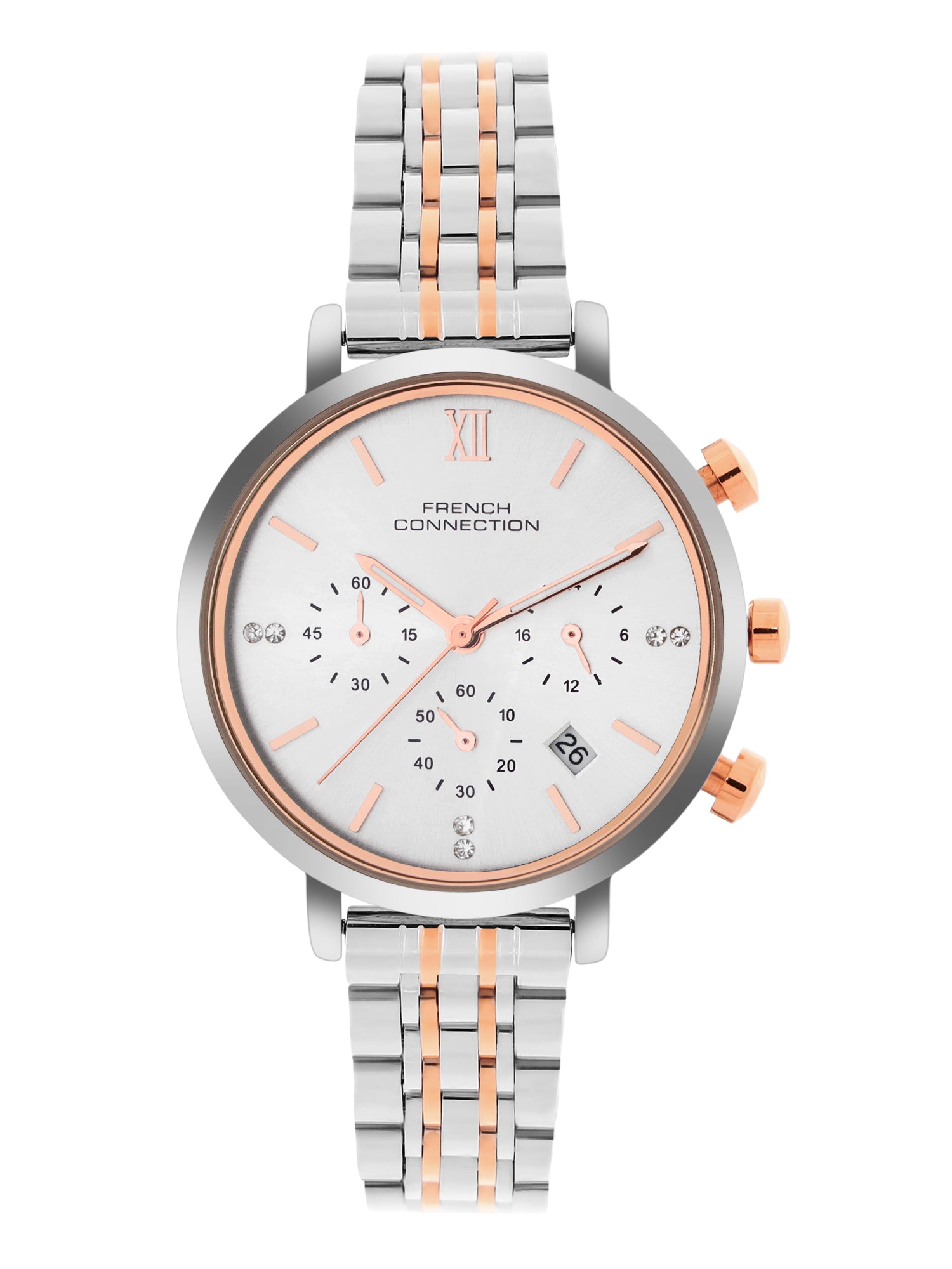 French Connection Sunray Silver Round Dial With Rose Two Tone Stainless Steel Strap Chronograph Watch - For Womens FCN0127RTM