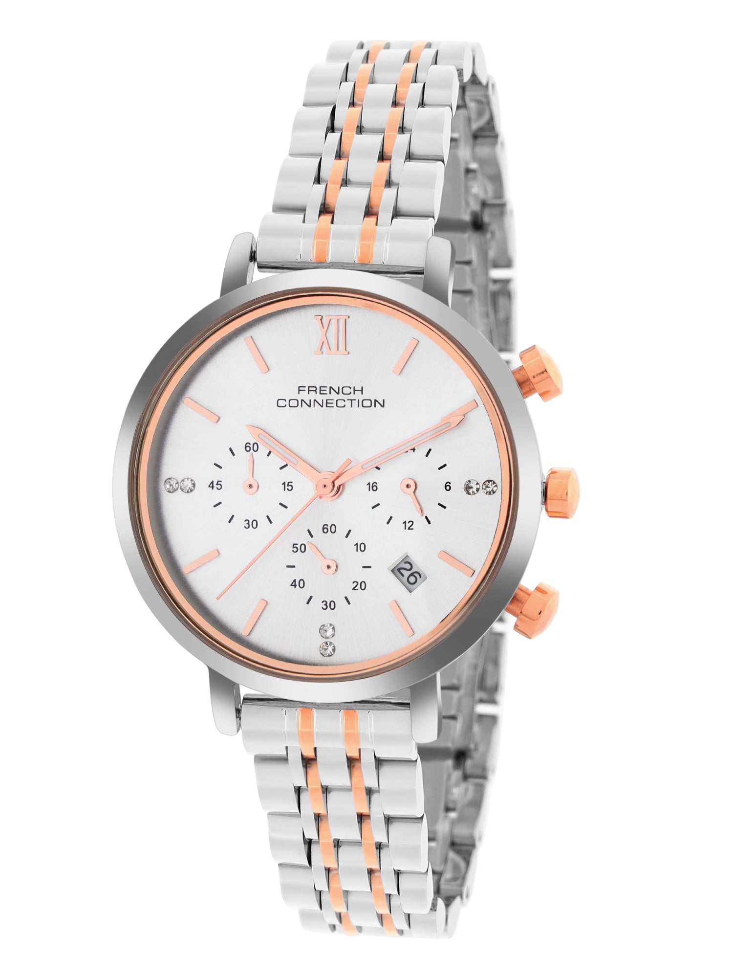 French Connection Sunray Silver Round Dial With Rose Two Tone Stainless Steel Strap Chronograph Watch - For Womens FCN0127RTM