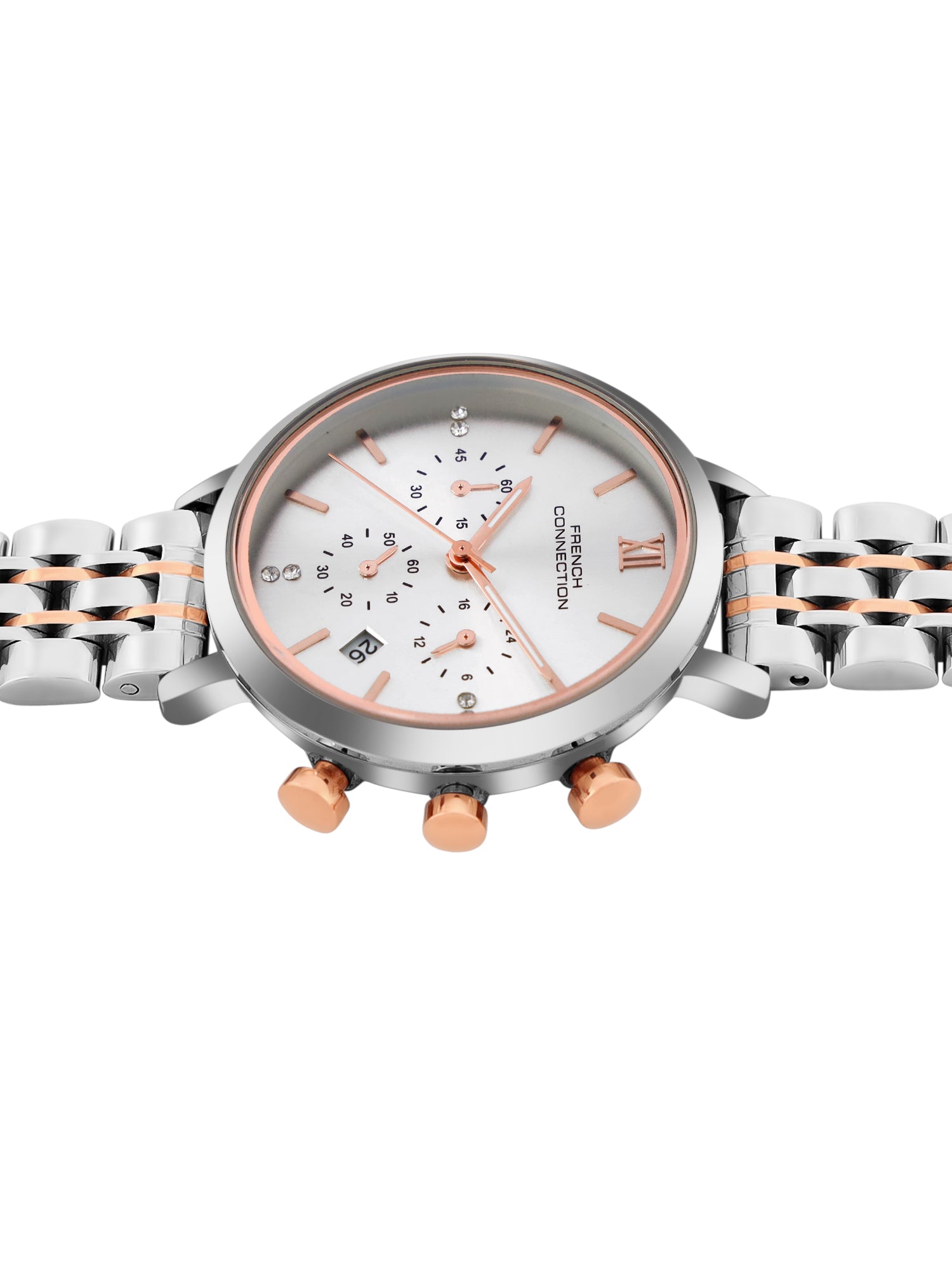 French Connection Sunray Silver Round Dial With Rose Two Tone Stainless Steel Strap Chronograph Watch - For Womens FCN0127RTM