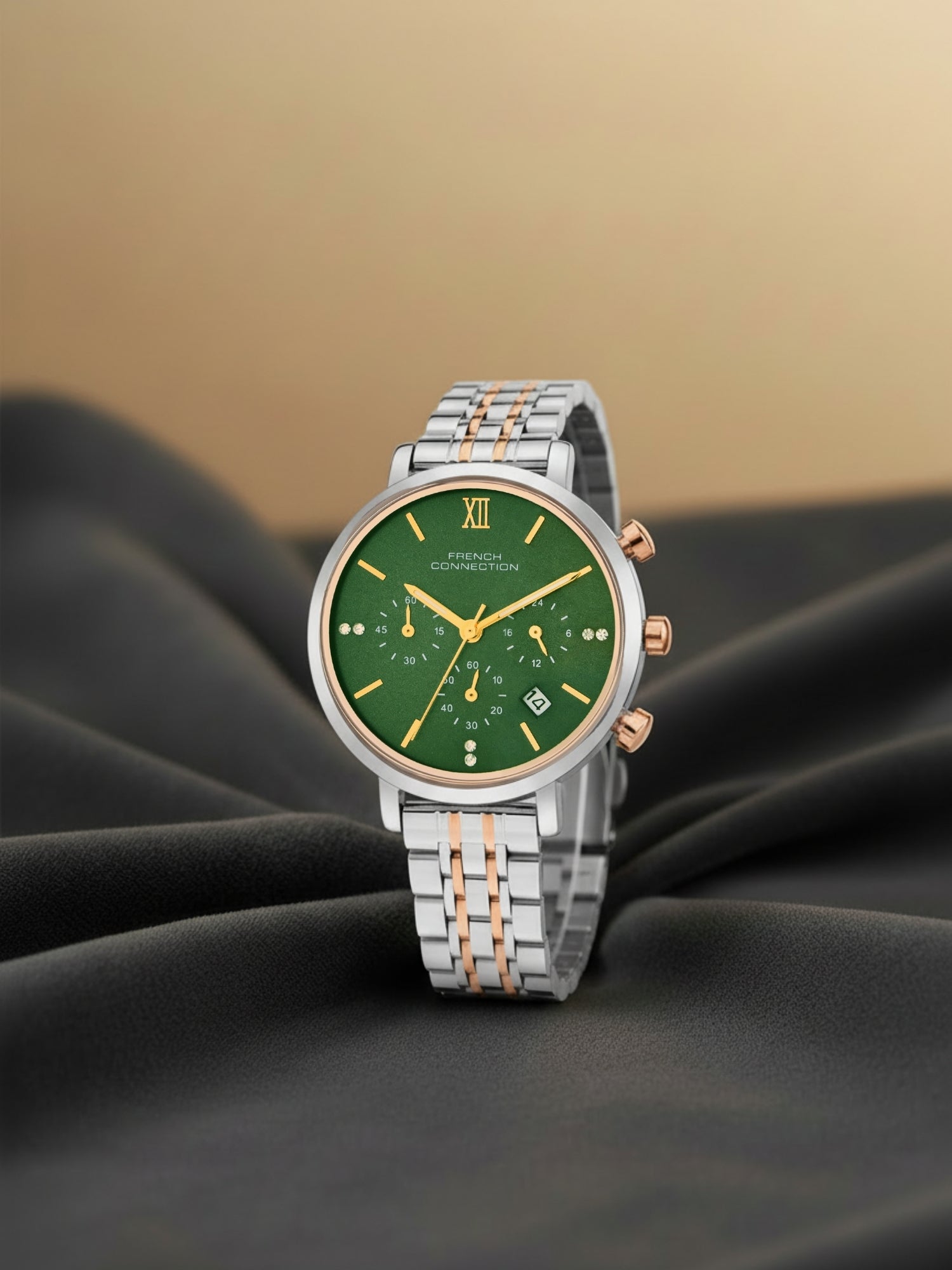 French Connection Sunray Green Round Dial With Gold Two Tone Stainless Steel Strap Chronograph Watch - For Womens FCN0127TM