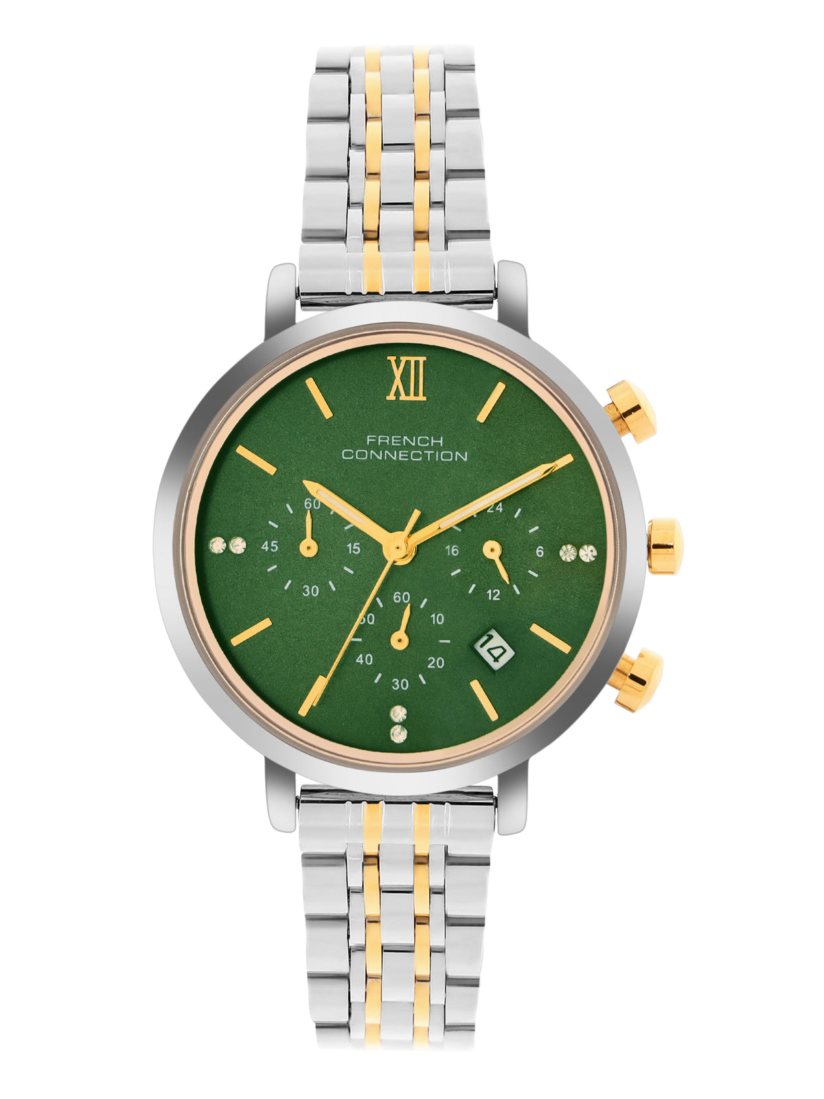 French Connection Sunray Green Round Dial With Gold Two Tone Stainless Steel Strap Chronograph Watch - For Womens FCN0127TM