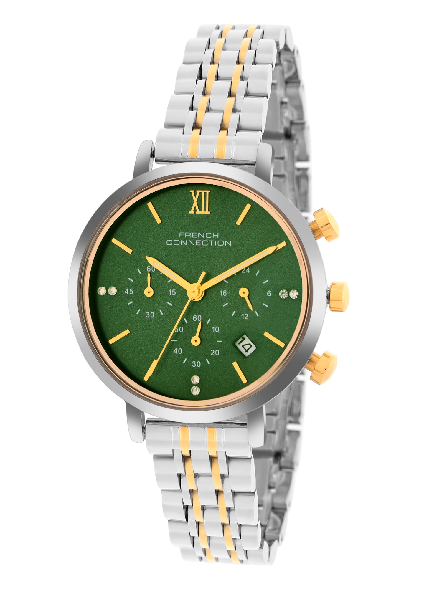 French Connection Sunray Green Round Dial With Gold Two Tone Stainless Steel Strap Chronograph Watch - For Womens FCN0127TM
