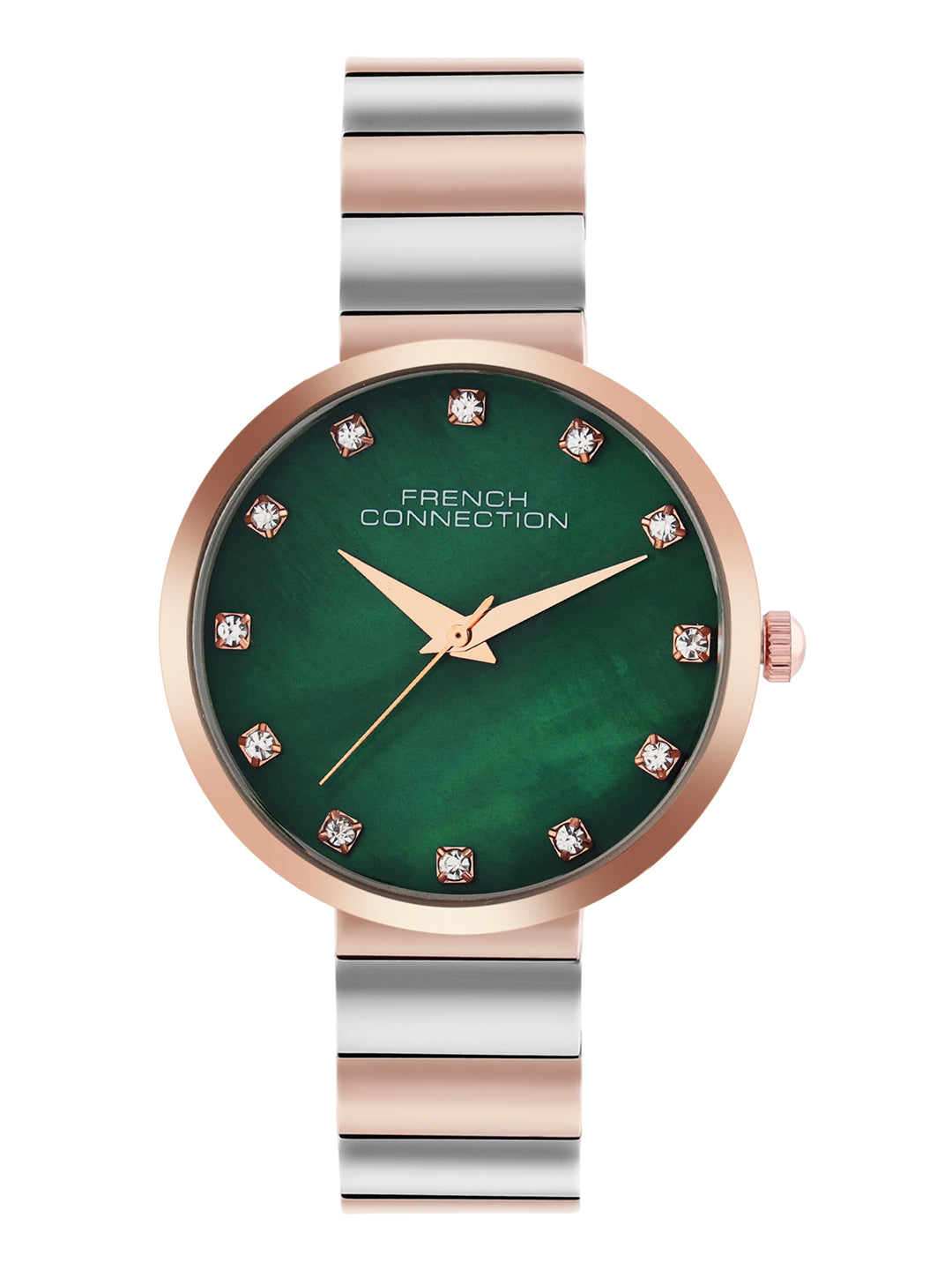 French Connection Mop Green Round Dial With Rose Two Tone Stainless Steel Strap Watch - For Womens FCN0128RTM