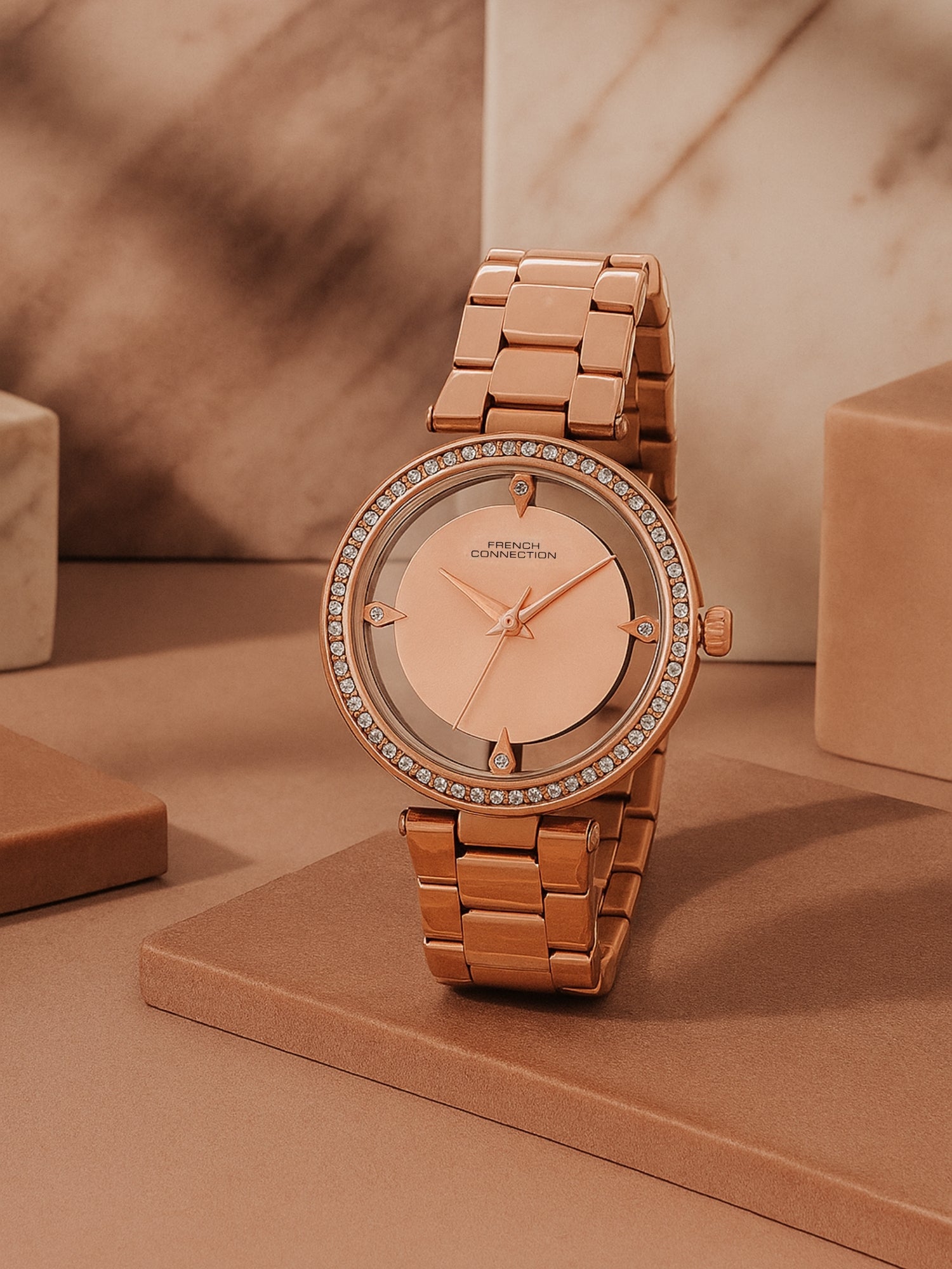 French Connection Sunray Rosegold Round Dial With Rose Stainless Steel Strap Watch - For Womens FCN0129RGM