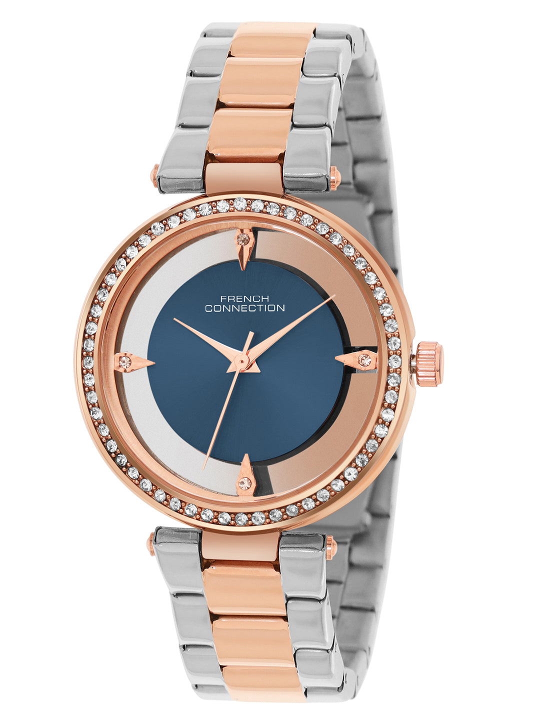 French Connection Sunray Blue Round Dial With Rose Two Tone Stainless Steel Strap Watch - For Womens FCN0129RTM