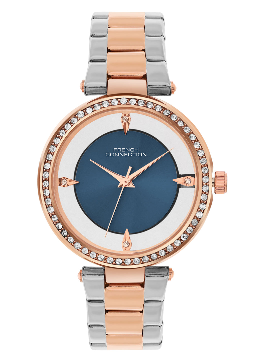French Connection Sunray Blue Round Dial With Rose Two Tone Stainless Steel Strap Watch - For Womens FCN0129RTM