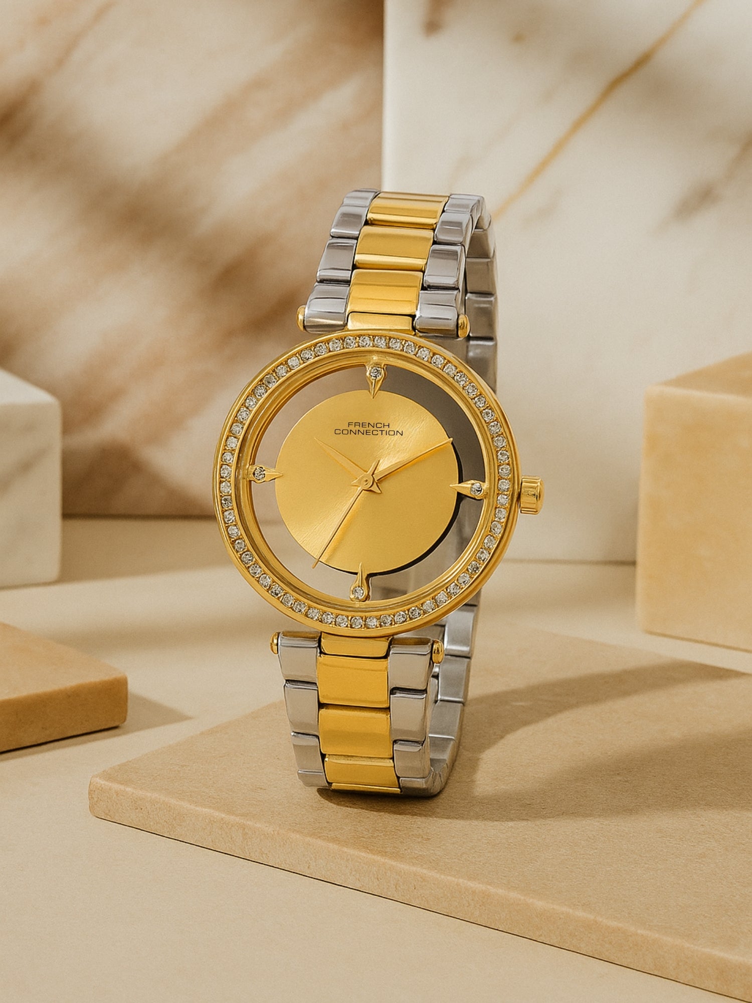 French Connection Sunray Champagne Round Dial With Gold Two Tone Stainless Steel Strap Watch - For Womens FCN0129TM