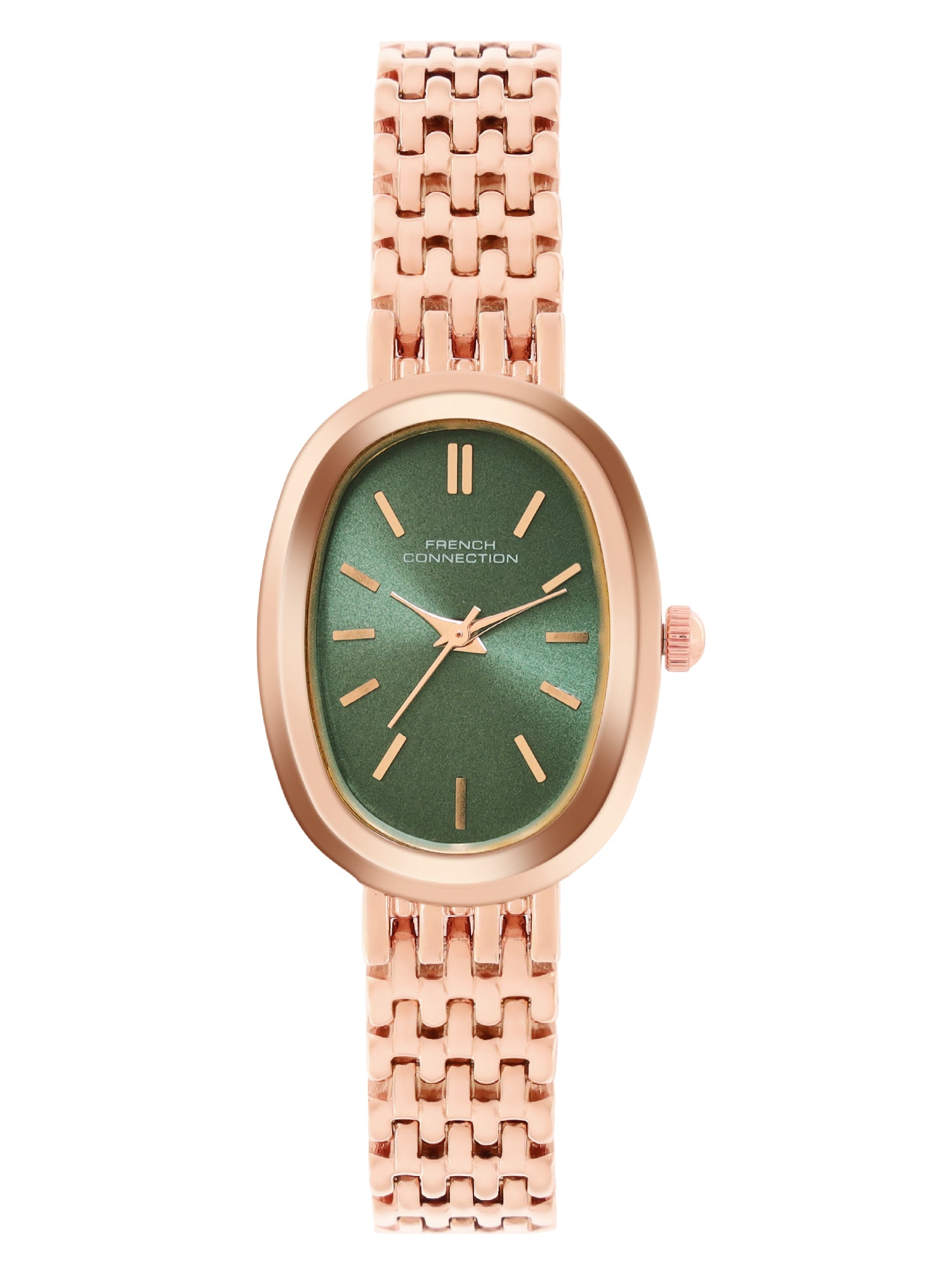 French Connection Sunray Green Oval Dial With Rose Stainless Steel Strap Watch - For Womens FCN0130NRGM