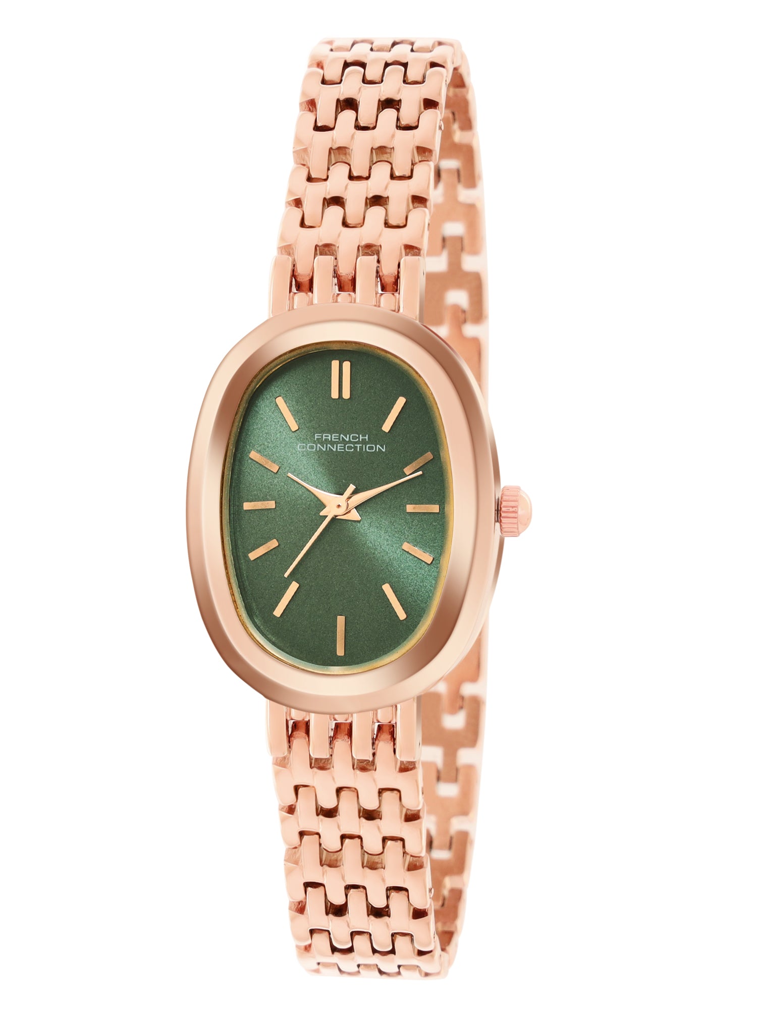 French Connection Sunray Green Oval Dial With Rose Stainless Steel Strap Watch - For Womens FCN0130NRGM