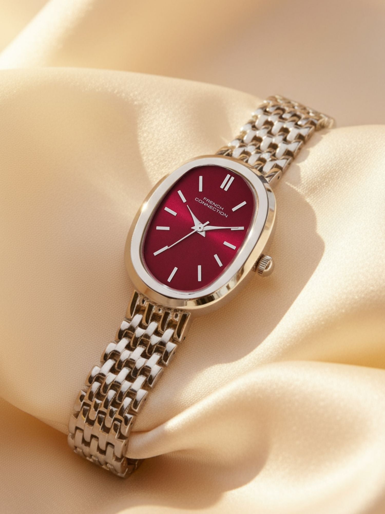 French Connection Sunray Burgundy Oval Dial With Stainless Steel Strap Watch - For Womens FCN0130SM