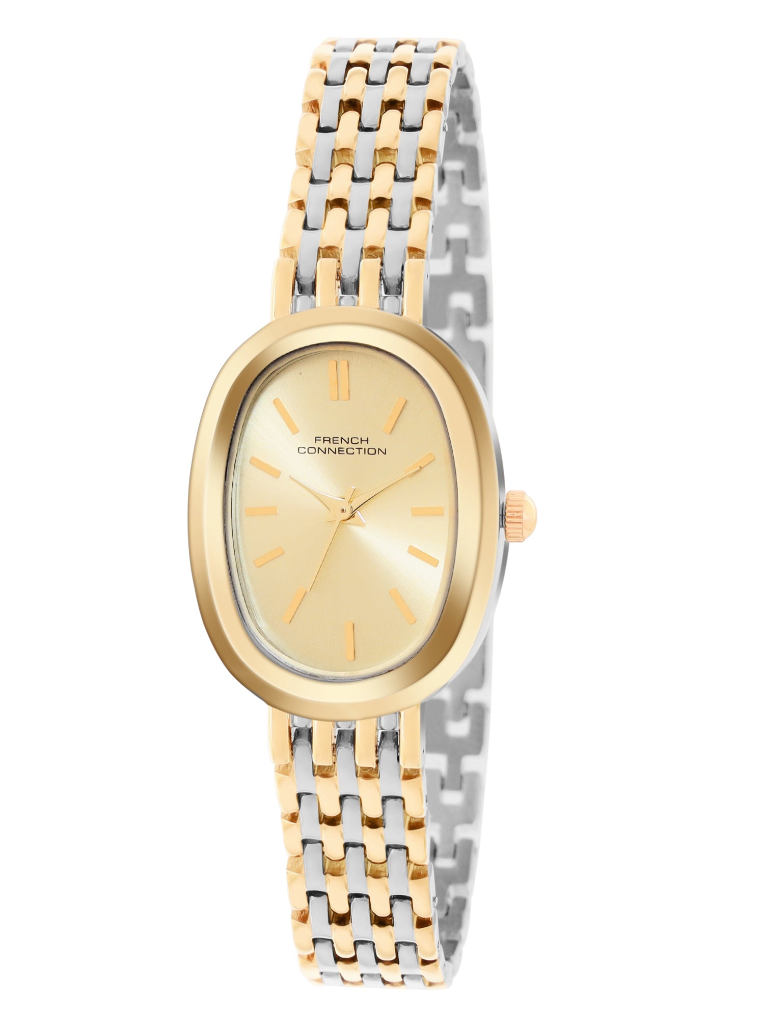 French Connection Sunray Champagne Oval Dial With Gold Two Tone Stainless Steel Strap Watch - For Womens FCN0130TM