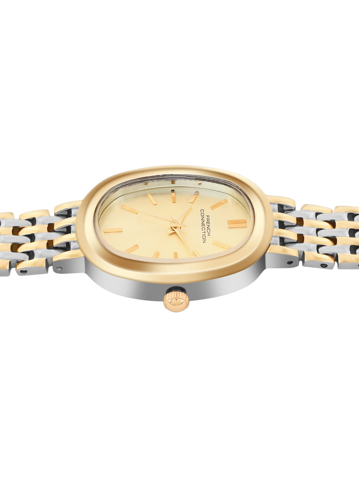 French Connection Sunray Champagne Oval Dial With Gold Two Tone Stainless Steel Strap Watch - For Womens FCN0130TM