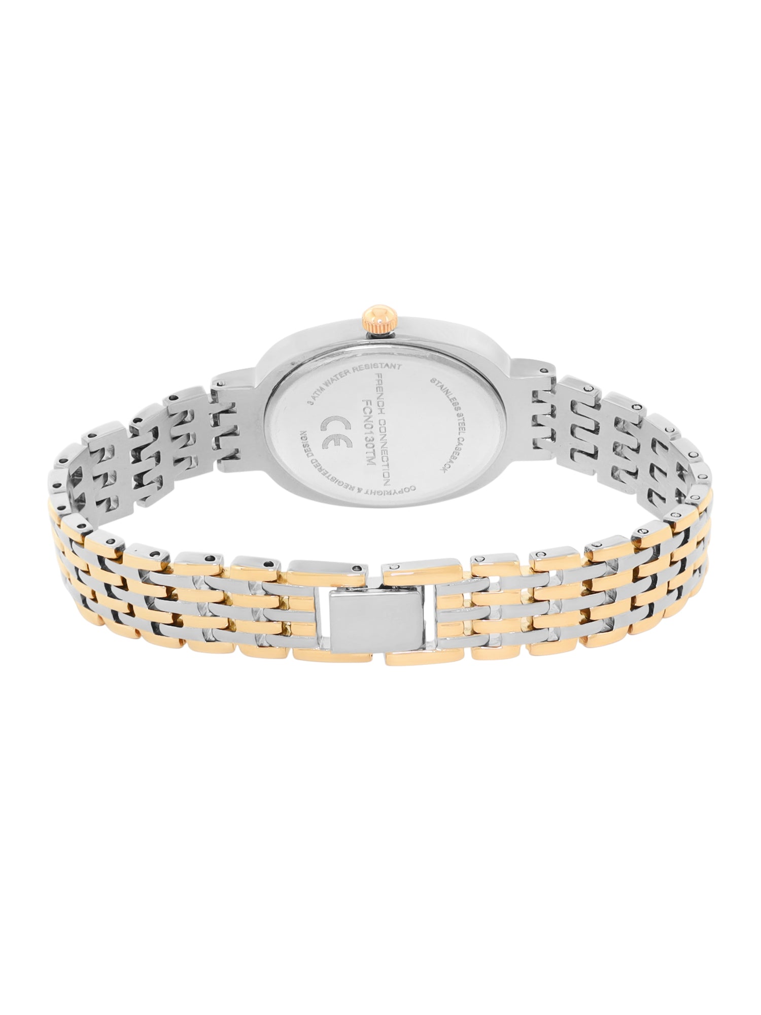 French Connection Sunray Champagne Oval Dial With Gold Two Tone Stainless Steel Strap Watch - For Womens FCN0130TM
