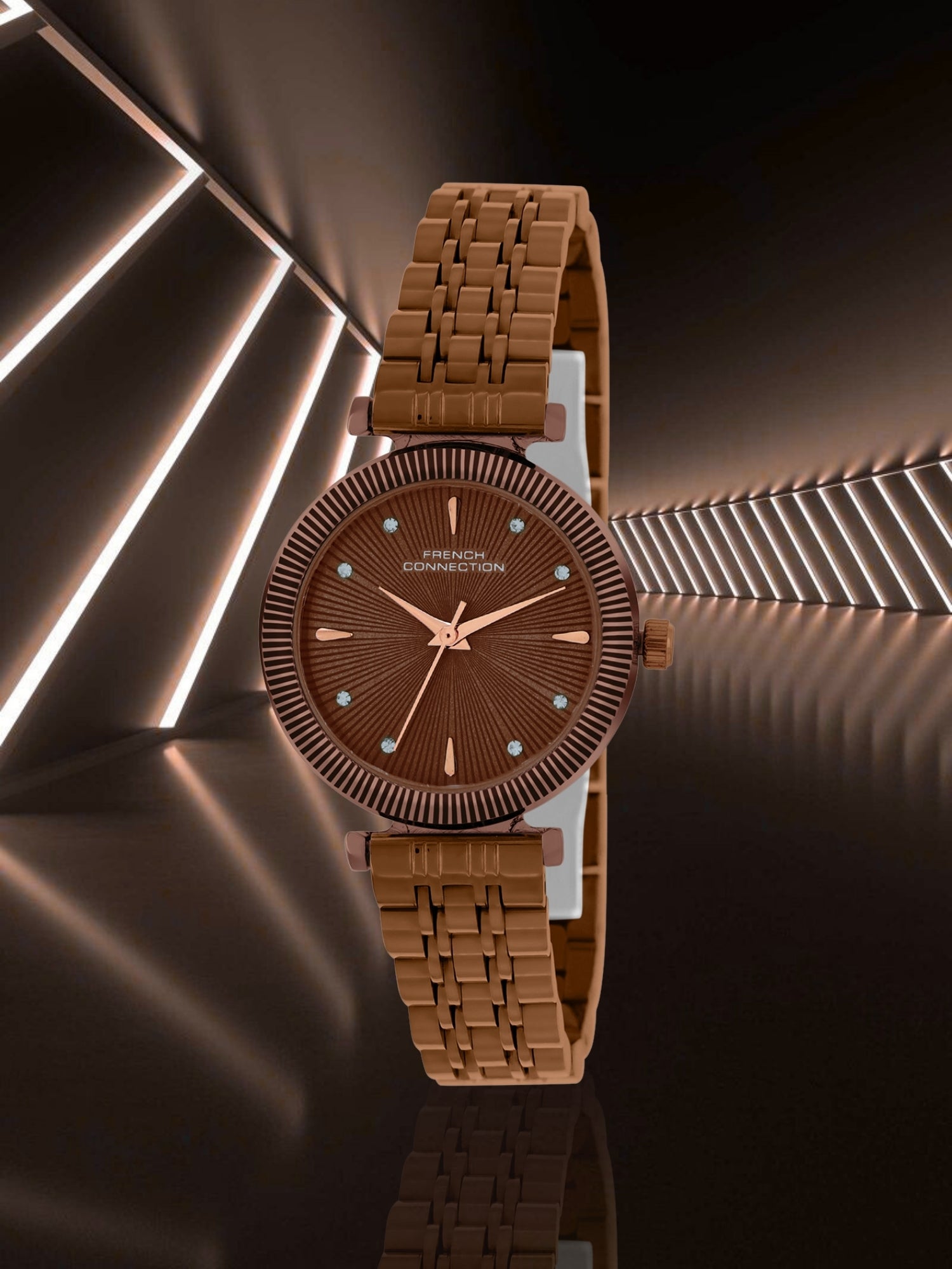 French Connection Textured Brown Round Dial With Brown Stainless Steel Strap Watch - For Womens FCN0133BRM