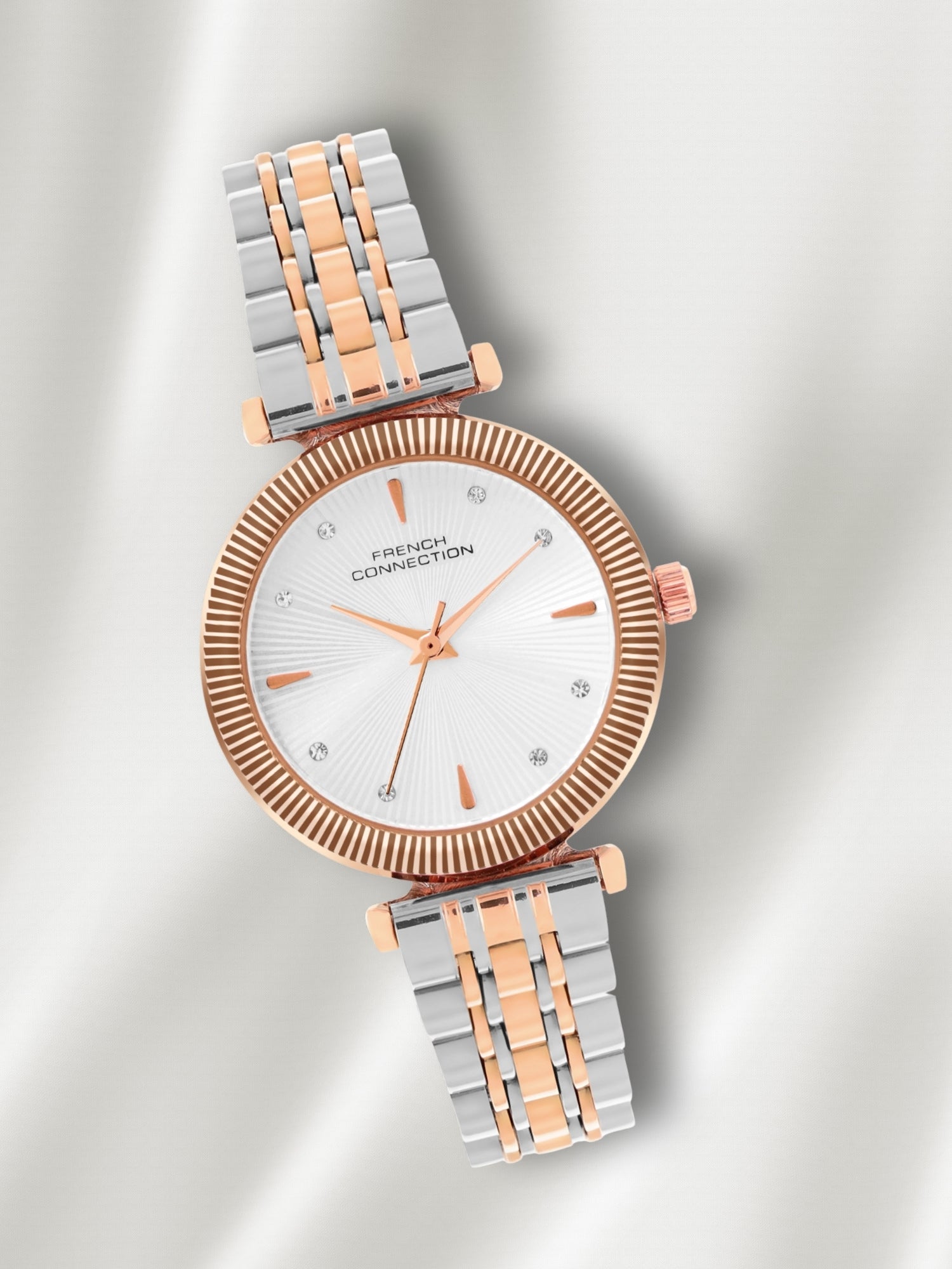 French Connection Textured Silver Round Dial With Rose Two Tone Stainless Steel Strap Watch - For Womens FCN0133RTM