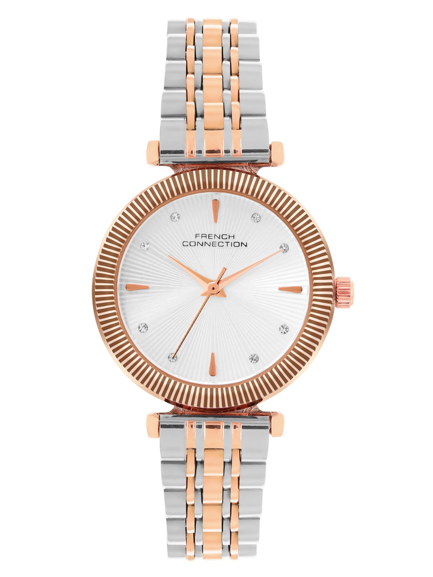 French Connection Textured Silver Round Dial With Rose Two Tone Stainless Steel Strap Watch - For Womens FCN0133RTM