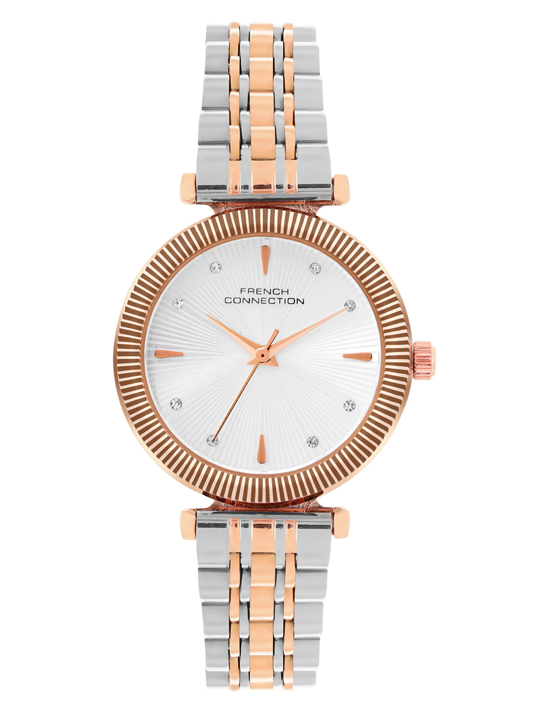 French Connection Textured Silver Round Dial With Rose Two Tone Stainless Steel  Strap Watch - For Womens FCN0133RTM
