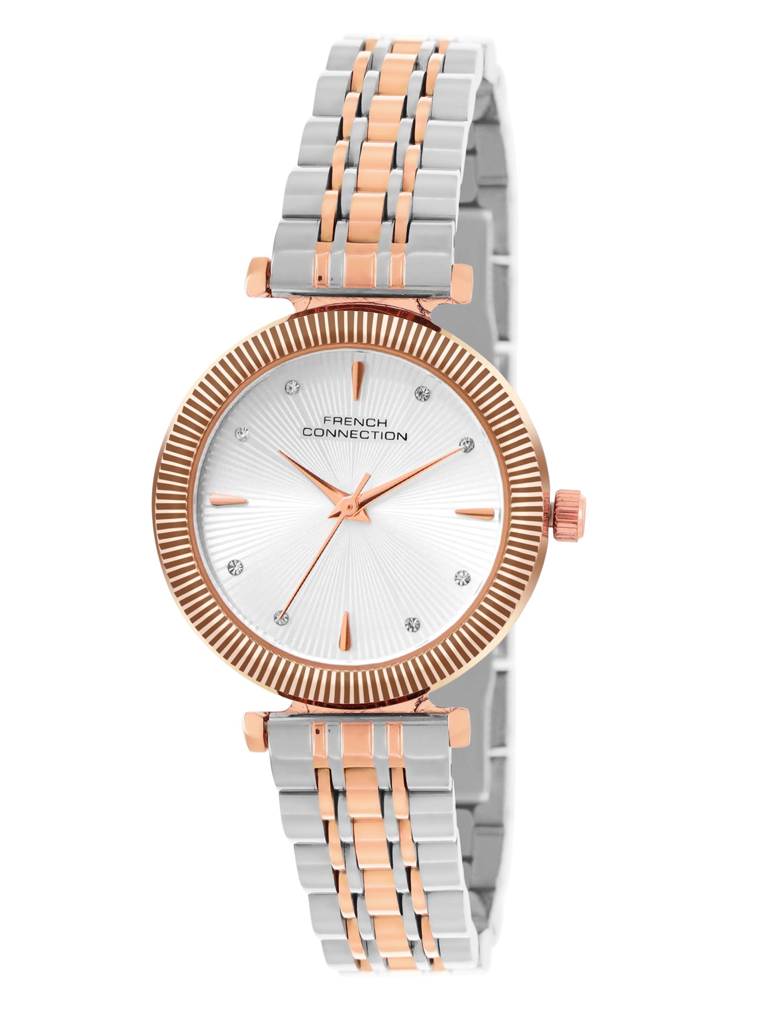French Connection Textured Silver Round Dial With Rose Two Tone Stainless Steel Strap Watch - For Womens FCN0133RTM