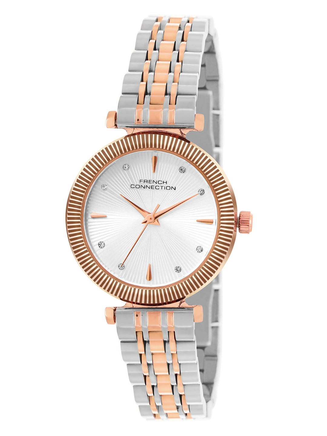 French Connection Textured Silver Round Dial With Rose Two Tone Stainless Steel  Strap Watch - For Womens FCN0133RTM