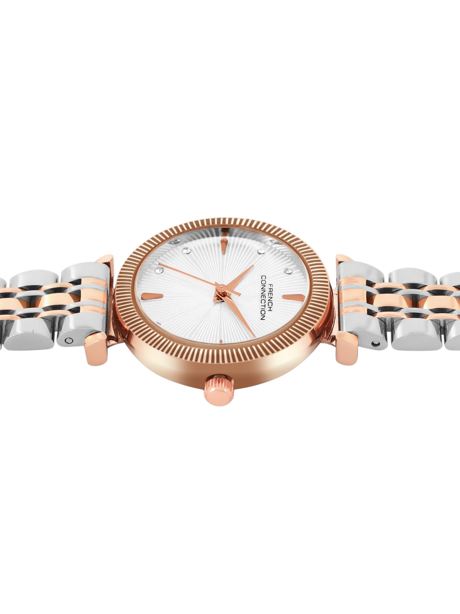 French Connection Textured Silver Round Dial With Rose Two Tone Stainless Steel Strap Watch - For Womens FCN0133RTM