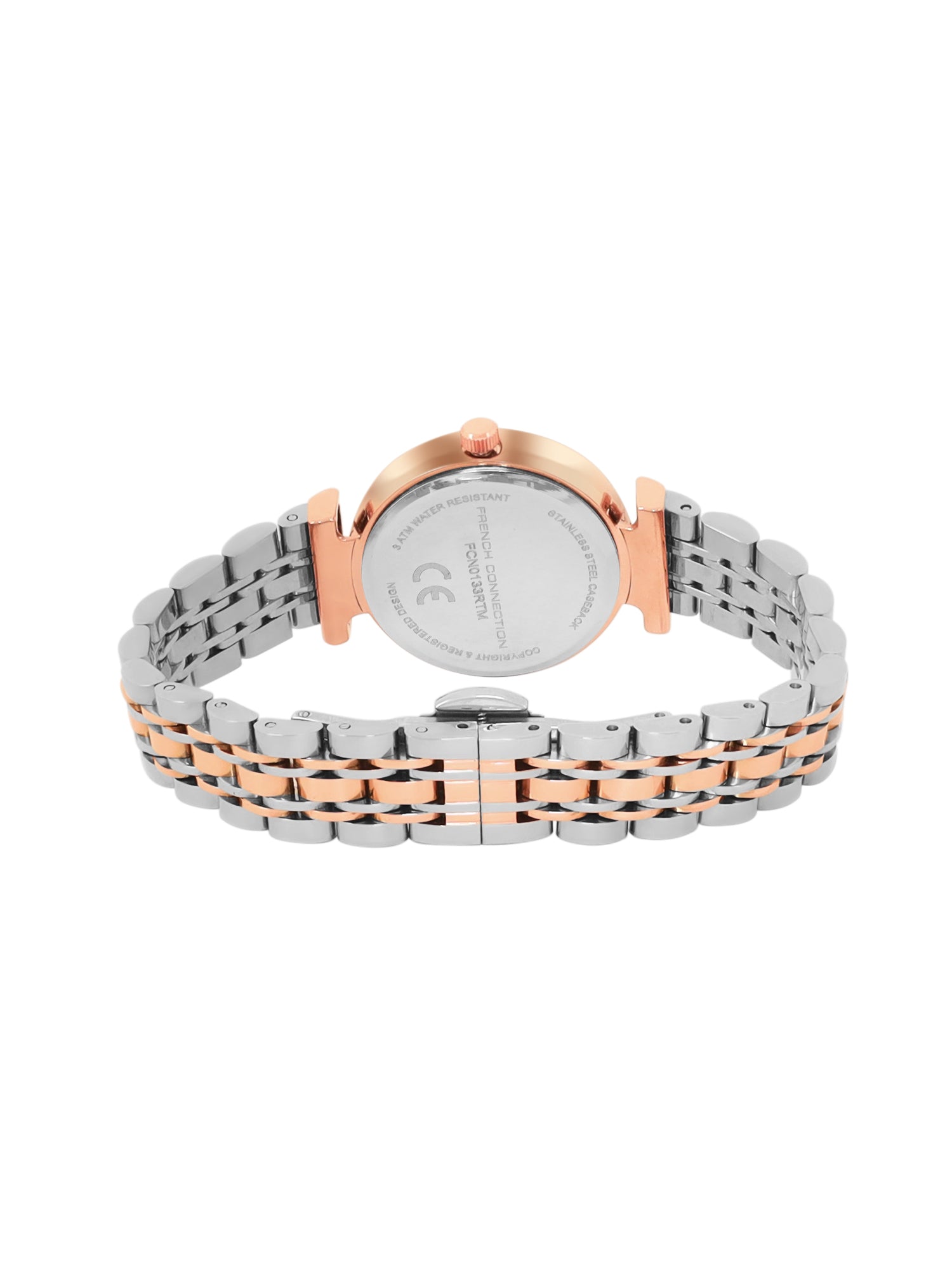 French Connection Textured Silver Round Dial With Rose Two Tone Stainless Steel Strap Watch - For Womens FCN0133RTM