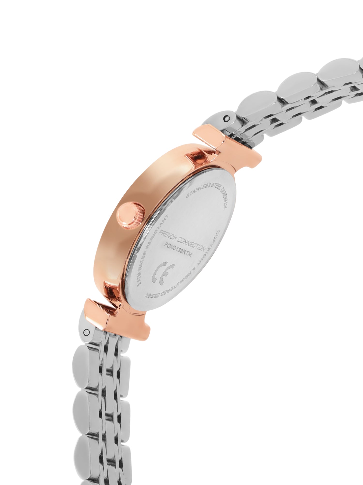 French Connection Textured Silver Round Dial With Rose Two Tone Stainless Steel Strap Watch - For Womens FCN0133RTM