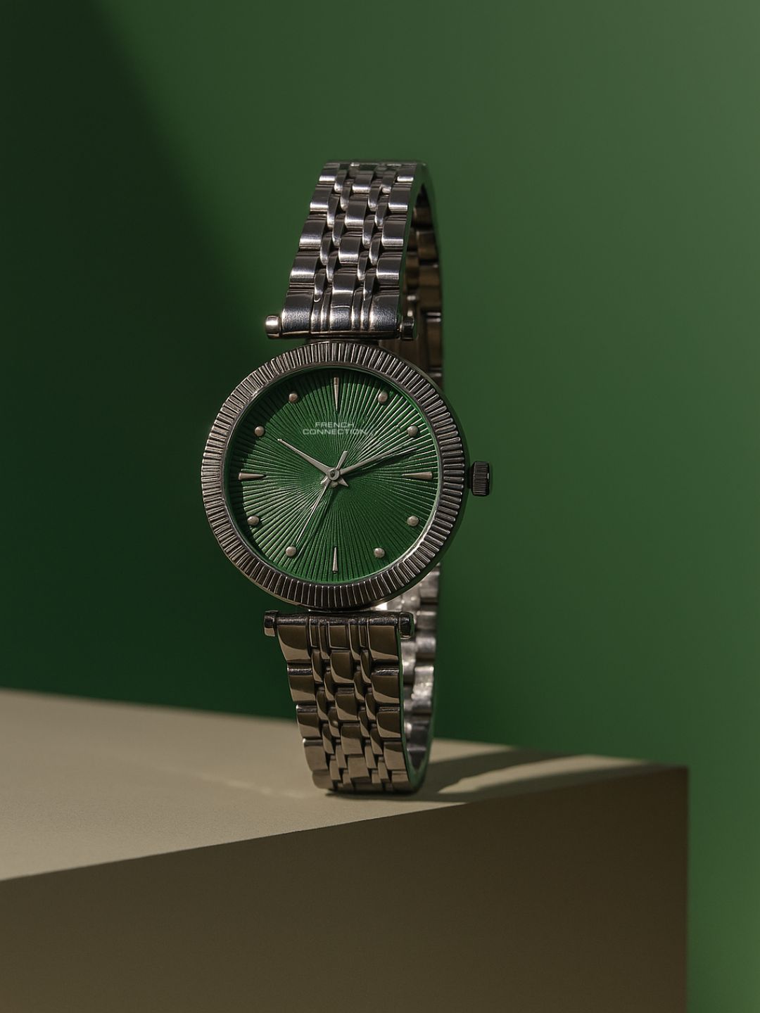 French Connection Textured Green Round Dial With Stainless Steel Strap Watch - For Womens FCN0133SM