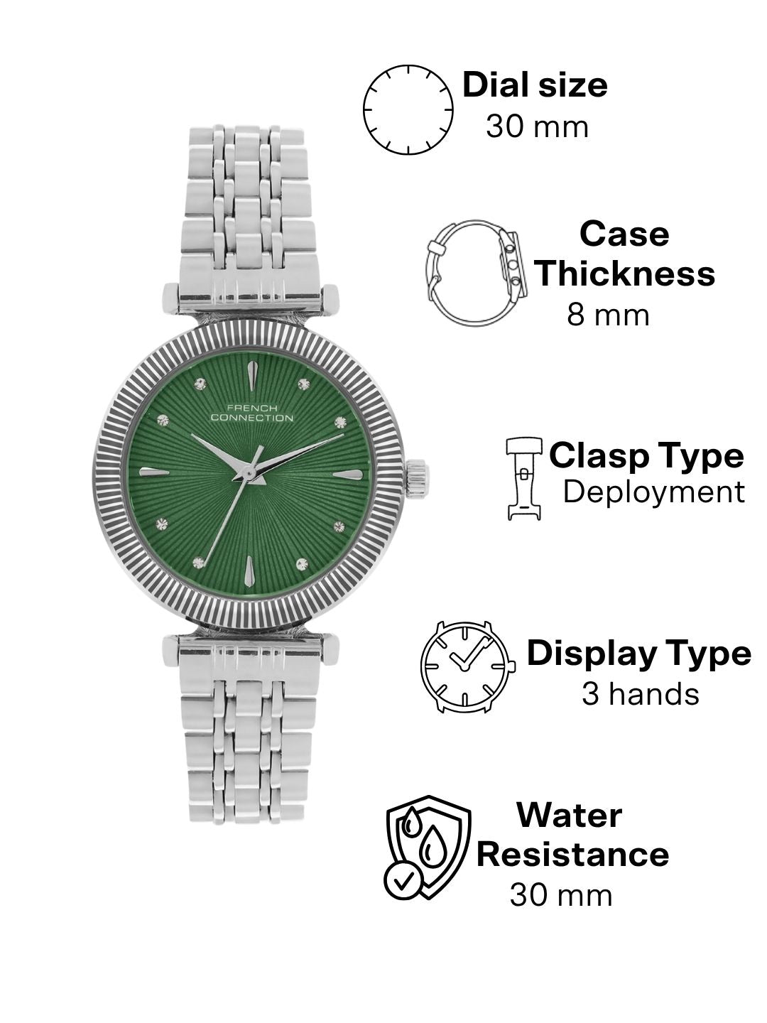 French Connection Textured Green Round Dial With Stainless Steel Strap Watch - For Womens FCN0133SM