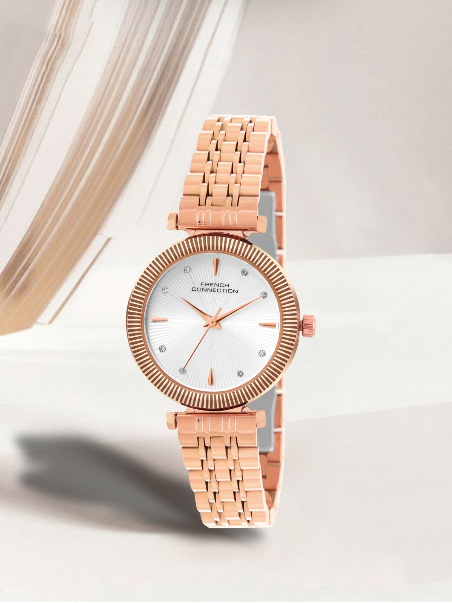 French Connection Textured Silver Round Dial With Rose Stainless Steel Strap Watch - For Womens FCN0133SRGM