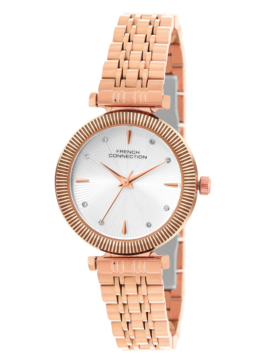 French Connection Textured Silver Round Dial With Rose Stainless Steel Strap Watch - For Womens FCN0133SRGM