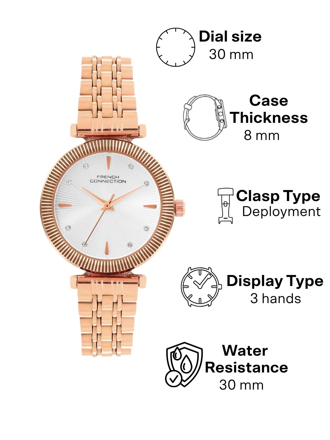 French Connection Textured Silver Round Dial With Rose Stainless Steel Strap Watch - For Womens FCN0133SRGM