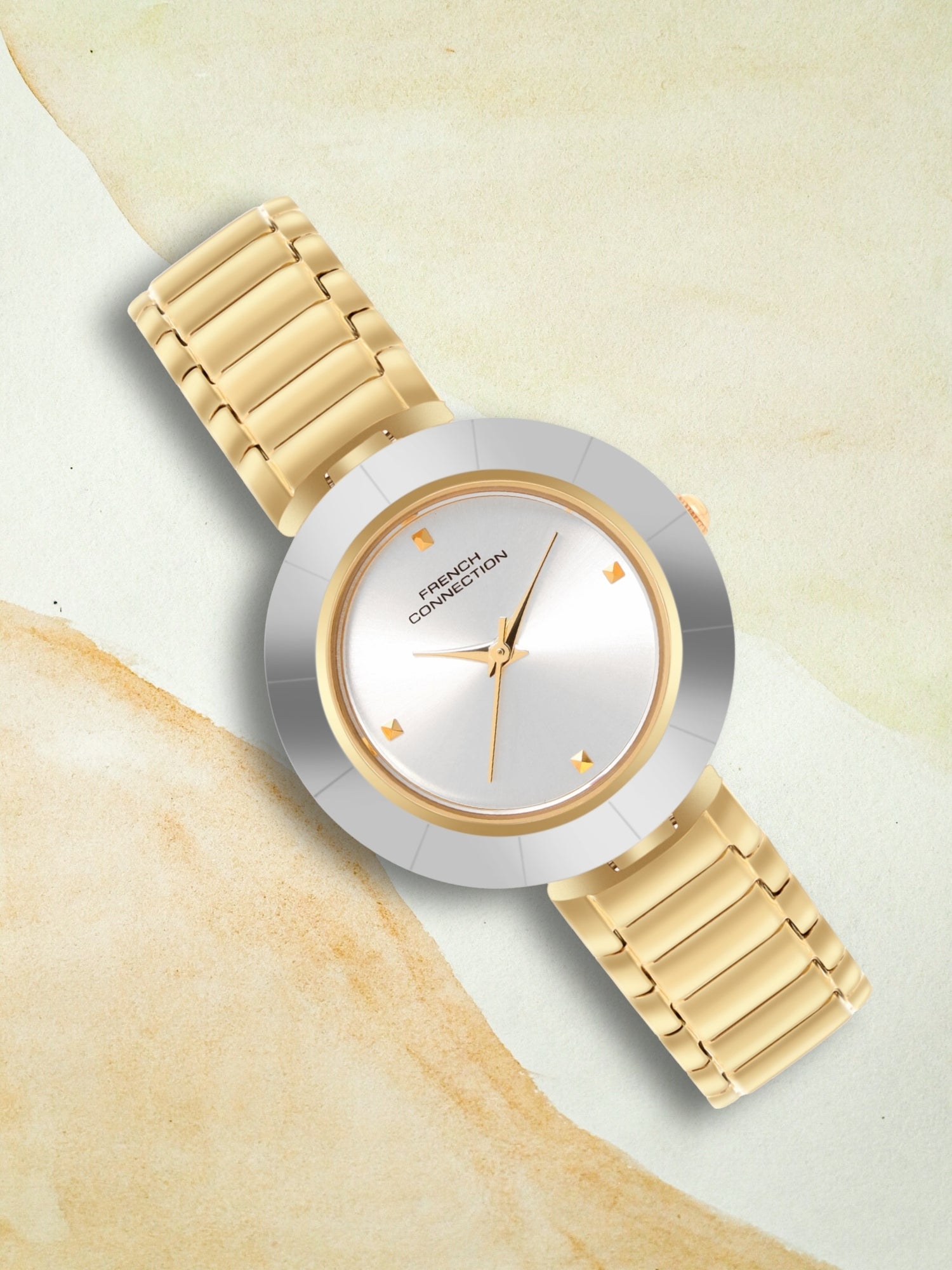 French Connection Sunray Silver Round Dial With Gold Stainless Steel Strap Watch - For Womens FCN0136SGM