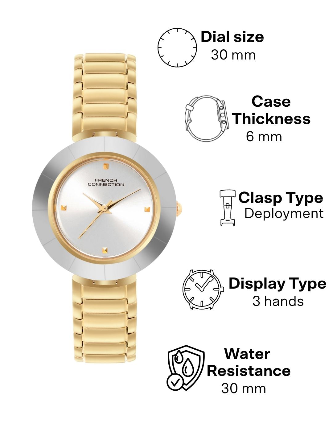 French Connection Sunray Silver Round Dial With Gold Stainless Steel Strap Watch - For Womens FCN0136SGM